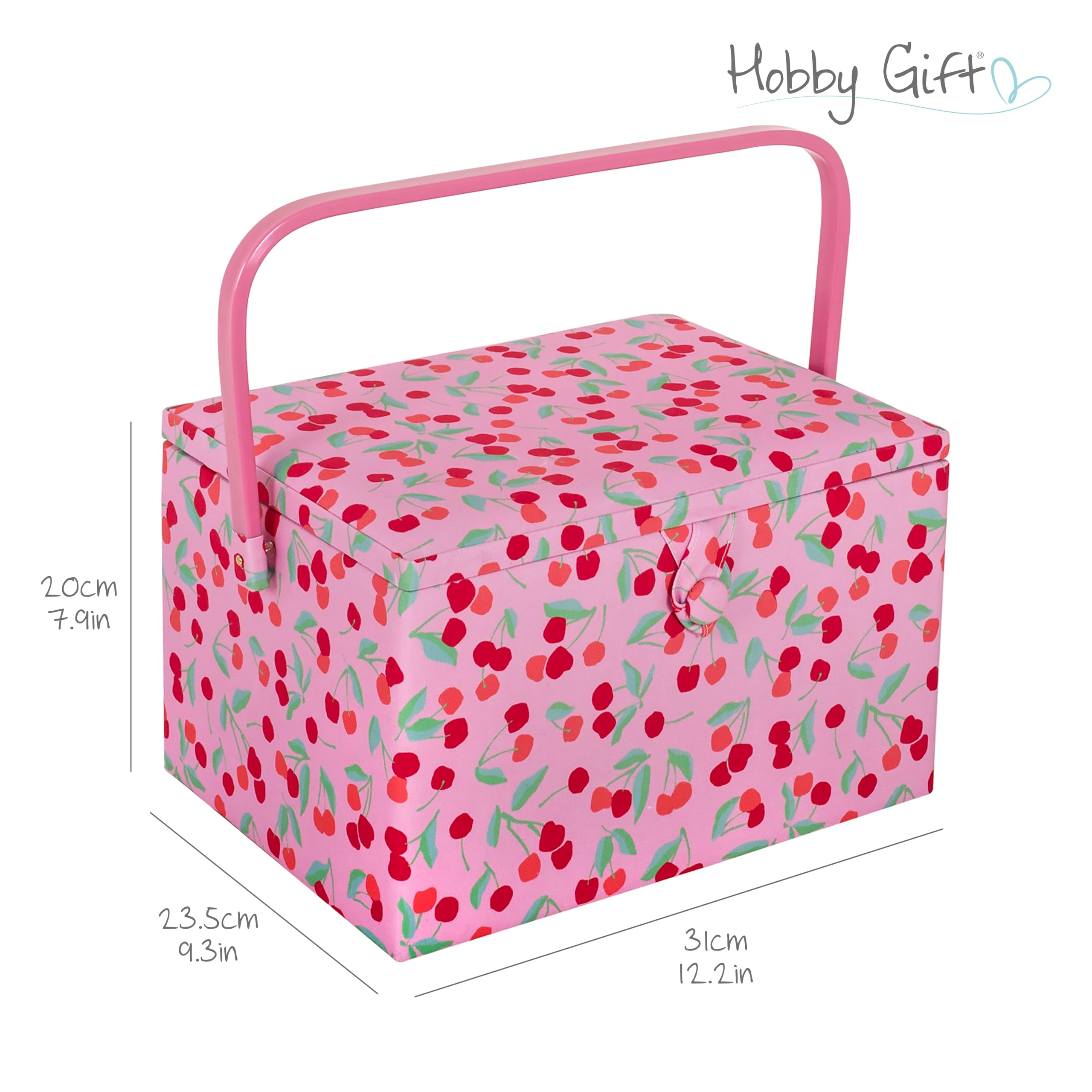 Hobby Gift duże pudełko do szycia, pudełko do przechowywania rękodzieła, taca na akcesoria, poduszka na szpilki, uchwyt pcv, 23,5 x 31 x 20 cm, Wiśniowy