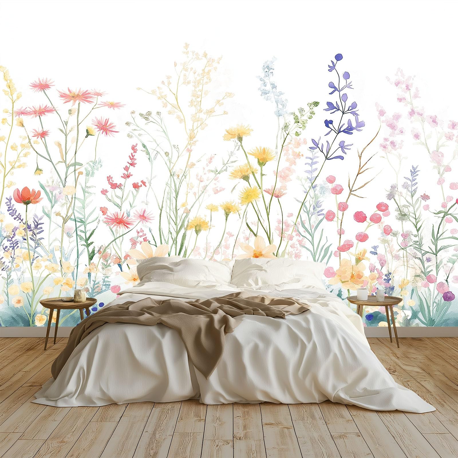 Vlies Fototapete 450 x 280 cm Aquarell Wildblumen Wiese Fototapete und Tapete, Vliestapeten Wandkunst und Wandbild, Weiß dekorative Tapete für Wohnzimmer, Schlafzimmer und Kinderzimmer