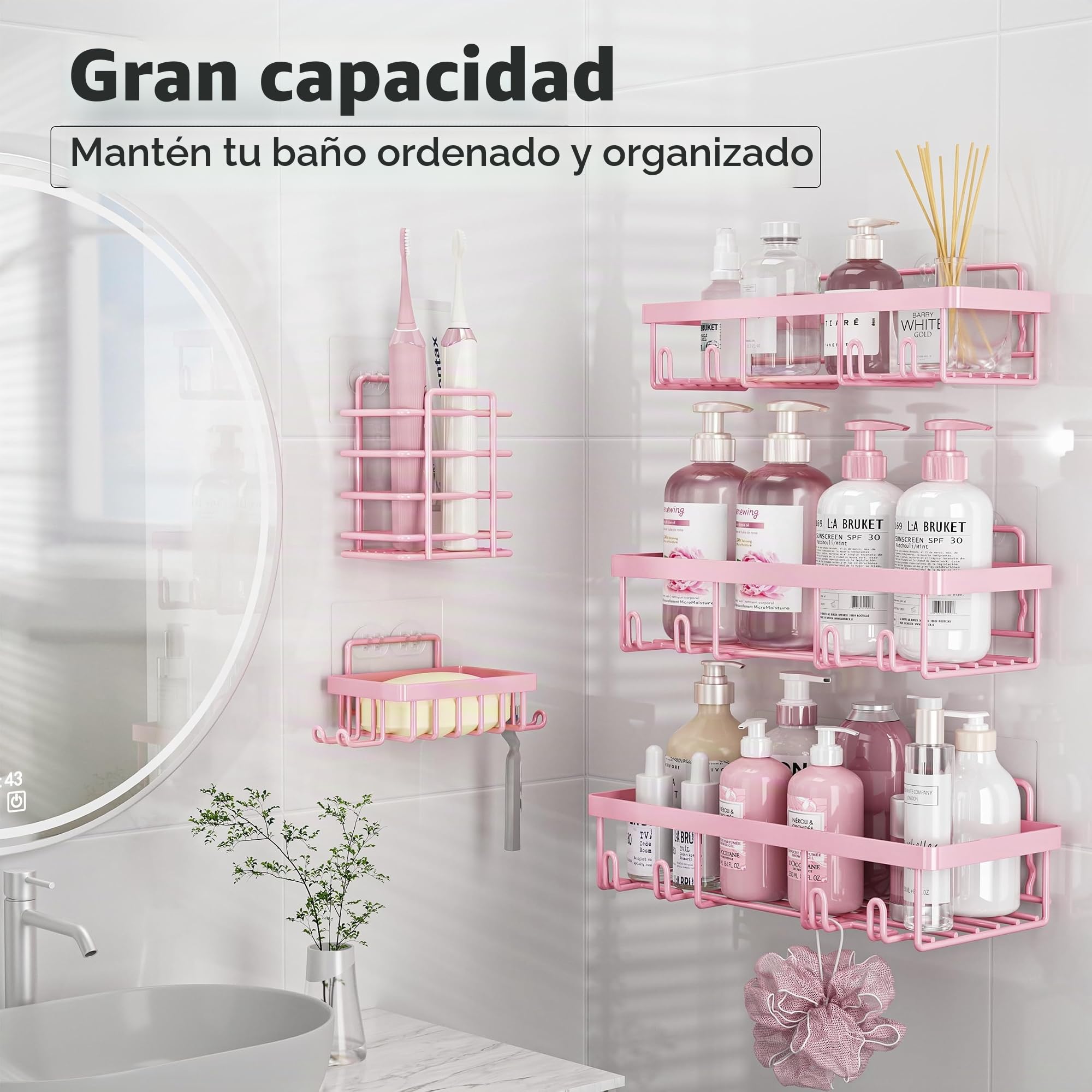 Liuoud Paquete de 5 estantes organizadores de ducha para regadera interior, cesta de almacenamiento adhesiva de pared de baño de acero inoxidable, soporte de champú de acero inoxidable, juego de