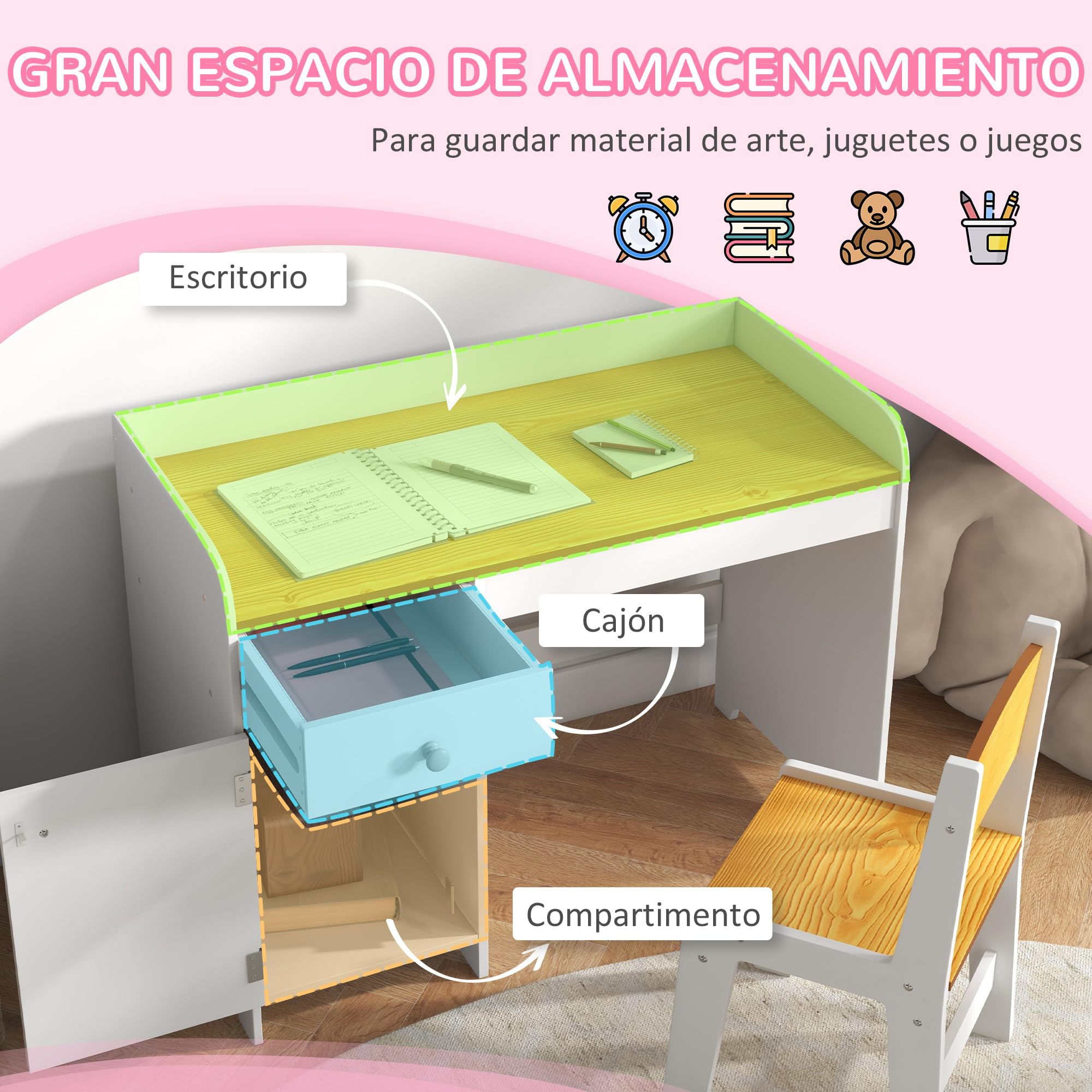 ZONEKIZ Conjunto de Escritorio de 2 Piezas Pupitre Infantil Escritorio para Niños Incluye Silla y Mesa con Cajón y Armario para Dormitorio Sala Blanco y Natural