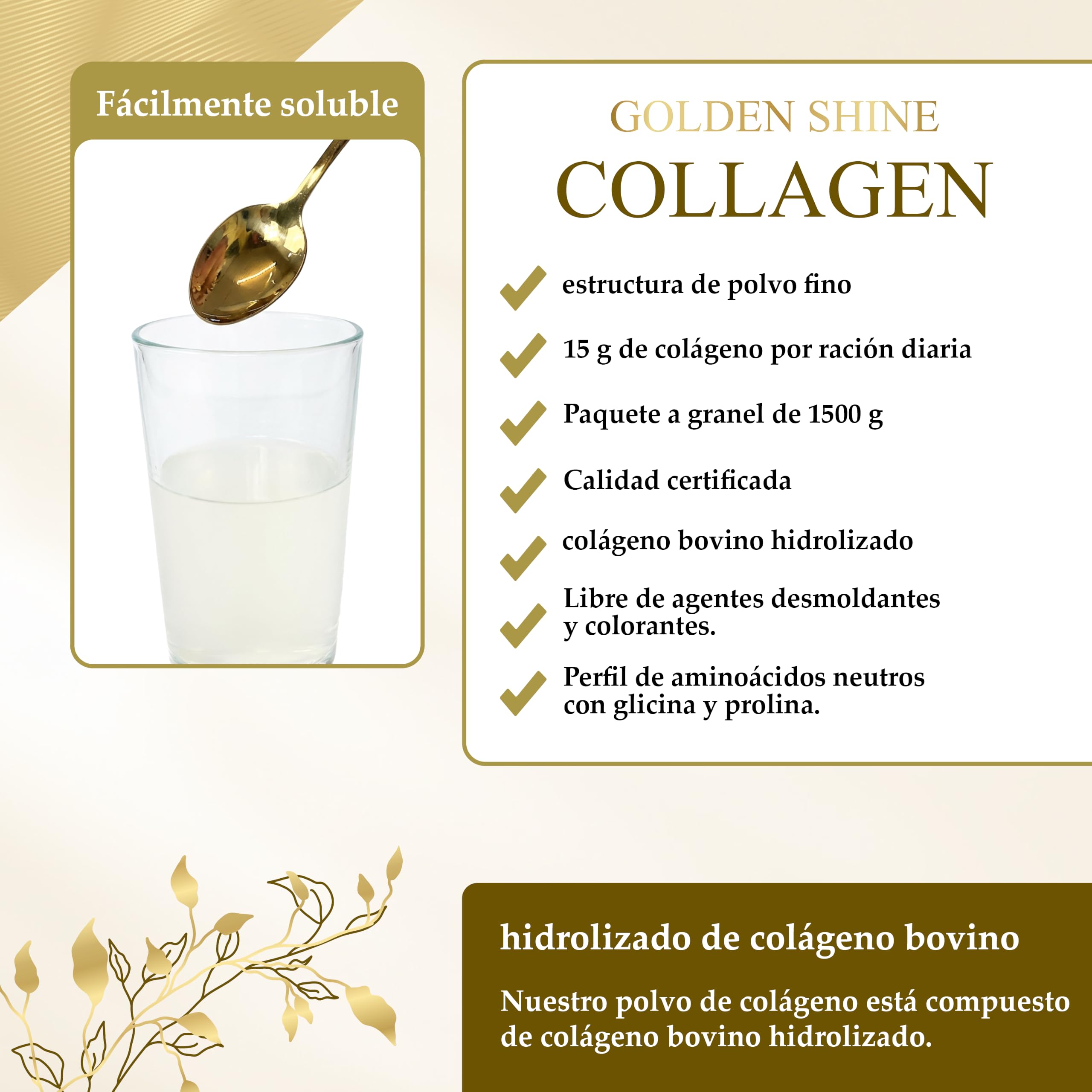 Colágeno hidrolizado en polvo 1500 g péptidos tipo I II y III sabor neutro