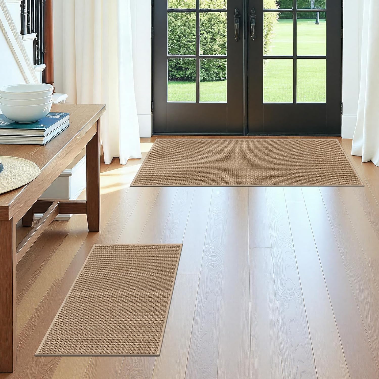 SHACOS Non Slip Bathroom Rugs Set 17" x 47"+17" x 24", Beige | Absorbent Bath Mat Washable Bath Runner Rugs for Bedroom