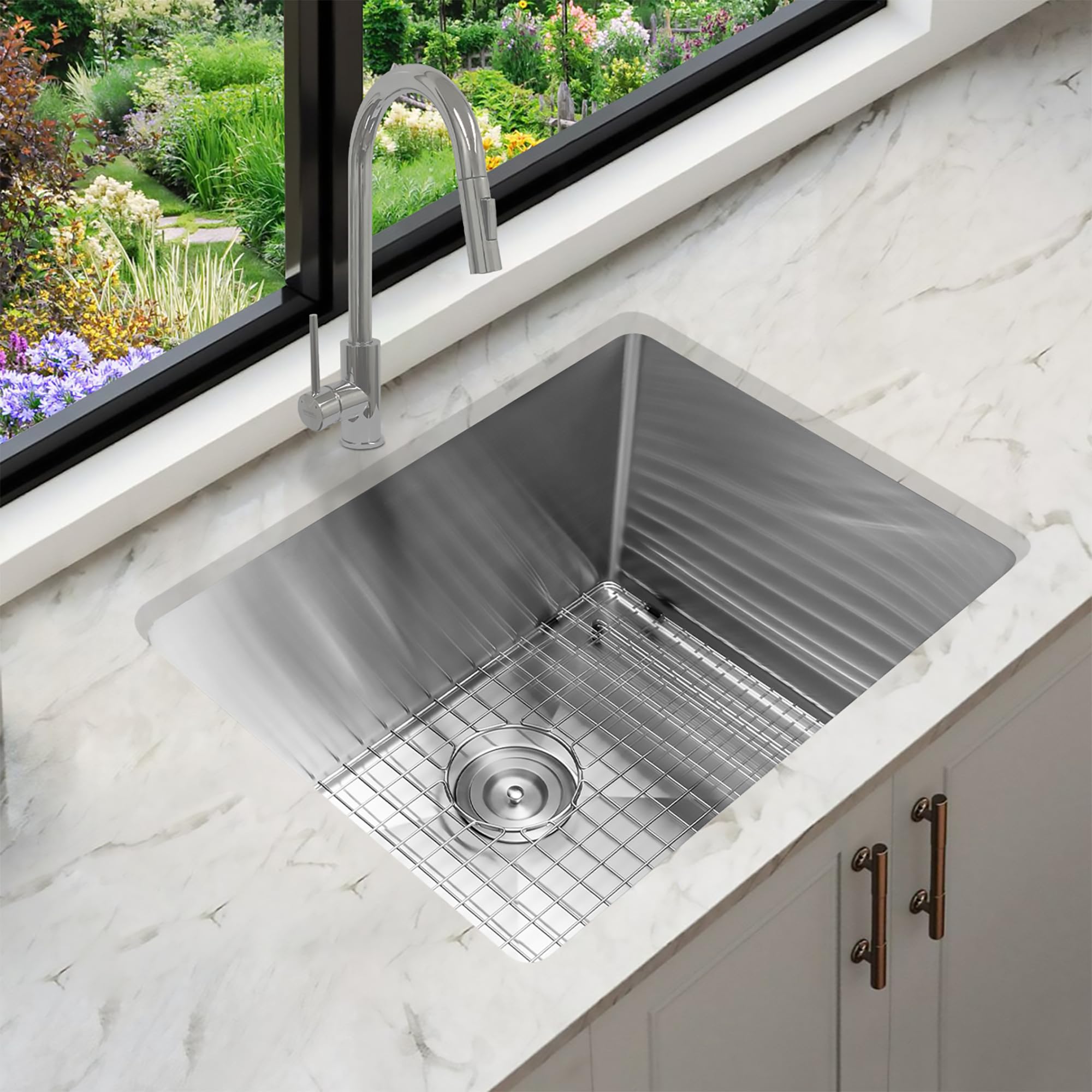 KLA23SSG 23 Inch wide 12 Inch Commercial Laundry Utility Sink 18 Gauge Stainless Steel Undermount or Topmount Drop In Single Bowl with Sink Strainer Bottom Sink Grid Complete 3PC Combo Package