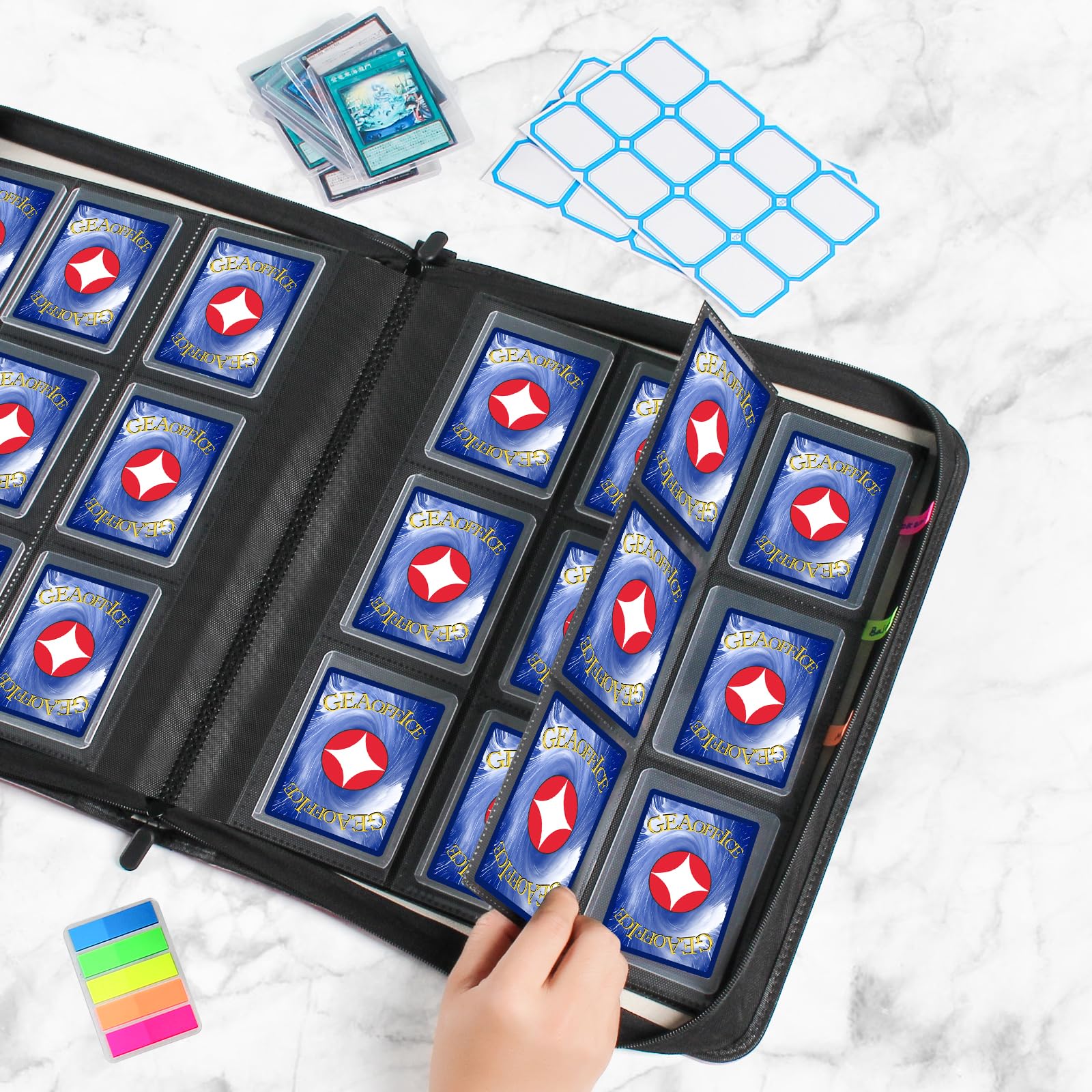 GEAoffice Carpeta de 9 bolsillos con capacidad para 324 tarjetas, carpeta de tarjetas coleccionables de piel sintética de alta calidad para carga superior, carpeta de tarjetas con cremallera de carga