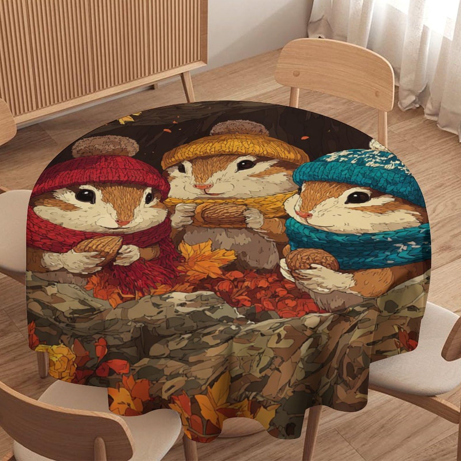LUYYSKY Rustic Realistic Cute Squirrel Round Tablecloth Colorful Painting Art Fall Animal Squirrels Maple Leaves Washable Decor for Table Cover for Kitchen-127 Wx127 L cm