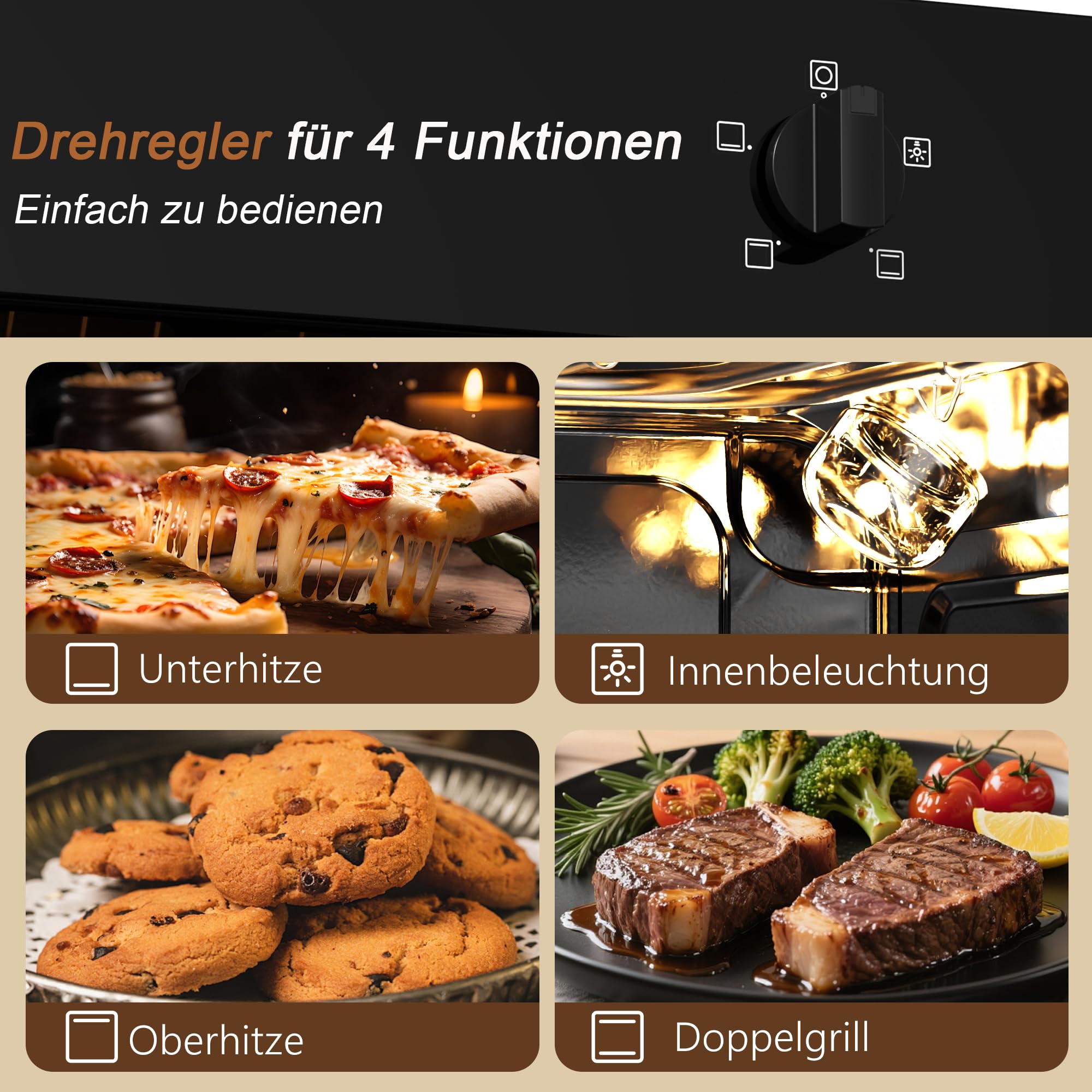Karinear Einbaubackofen 60 cm 65L mit Stecker, 4 Programme, 2000W, Schwarz | 65L Einbaubackofen mit Stecker, 4 Programmen, 2000W Schnellheizung und einfacher Knopfsteuerung, 50–250°C Temperatur