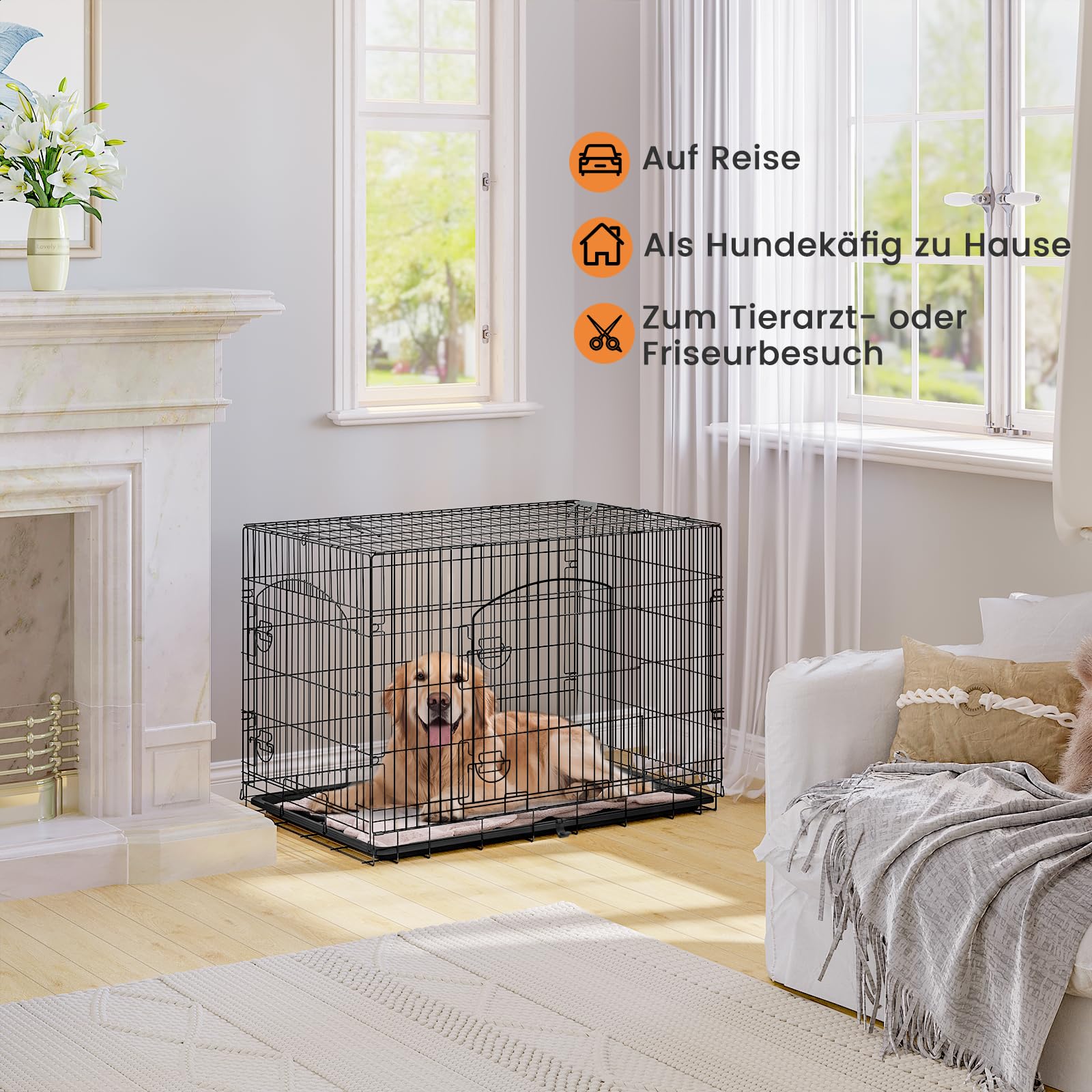 EUGAD Hundebox, Hundekäfig Metalldraht mit ausziehbare Bodenschale | Hundekäfig Faltbar 2 Türen, Hundebox zuhause 108x76x69cmTransportkäfig, Hundetransportbox für Hunde Welpe mittelgroße