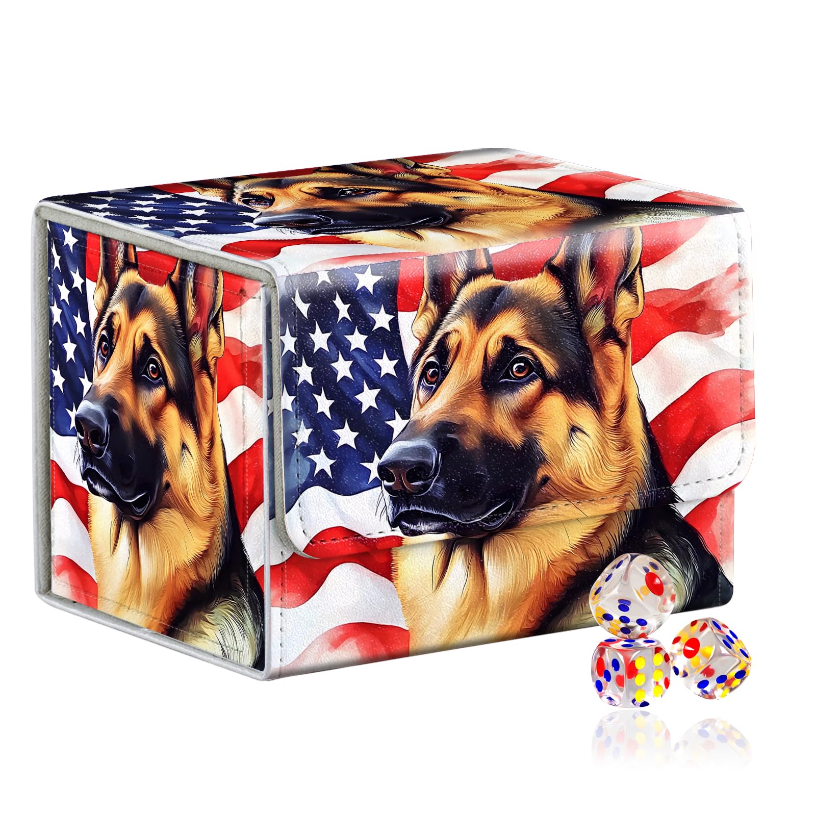 VOGDMKJG Trading Card Deck Box Fit 100+ Single Sleeved Cards,PU Leather Magnetic Closure Card Storage Box With 3 Dice For MTG/TCG/PTCG/Magic/Sport Card Storage Case Horizontal Design Dog Flag