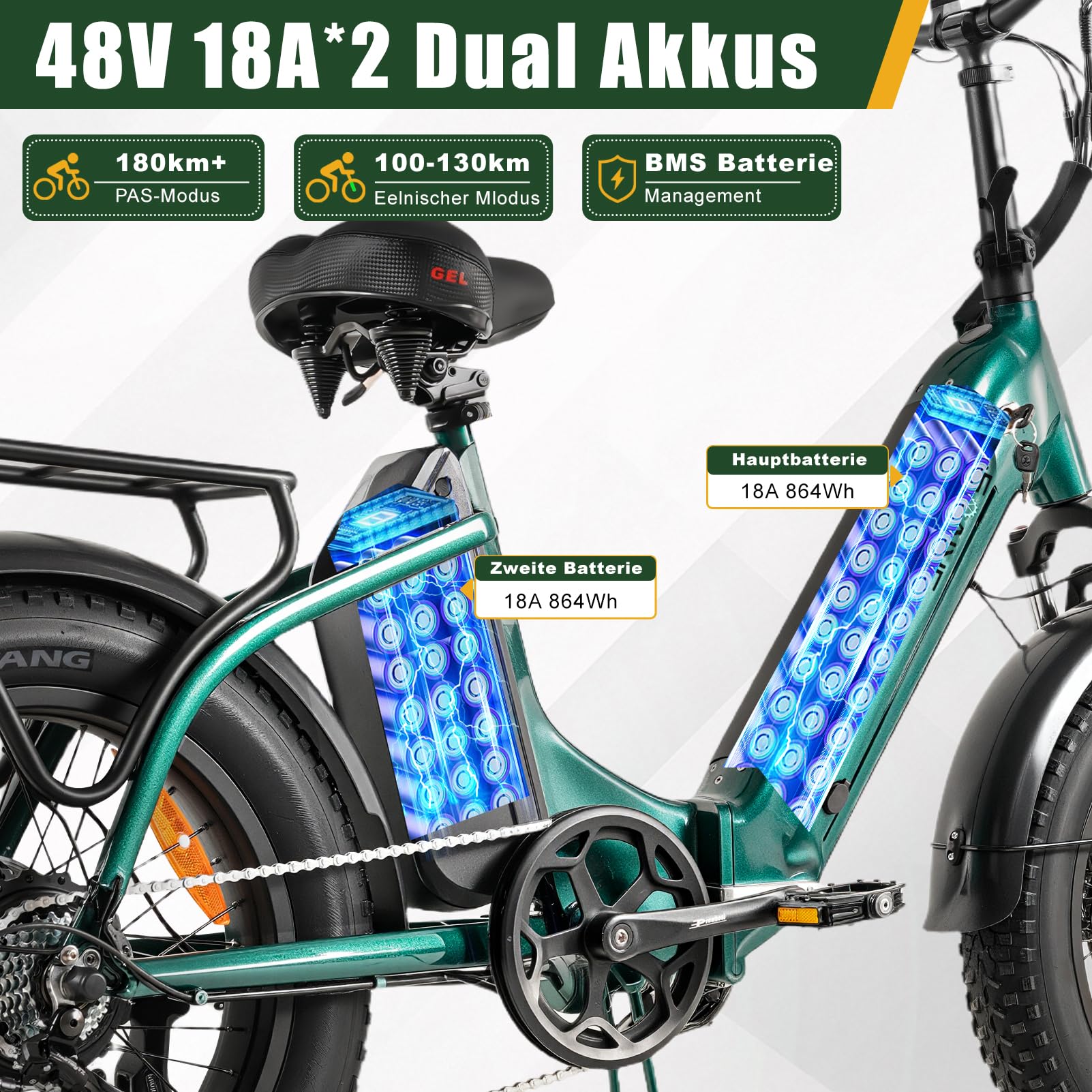 E Bike Klapprad 20 Zoll Elektrofahrräder, E-Faltrad Damen und Herren, 48V 18A*2 Doppelbatterien|250W Heckmotor 80N.m & 25km/h, Hydraulische Bremse, Tiefeinsteiger E-City Bike/Pedelec für Erwachsene