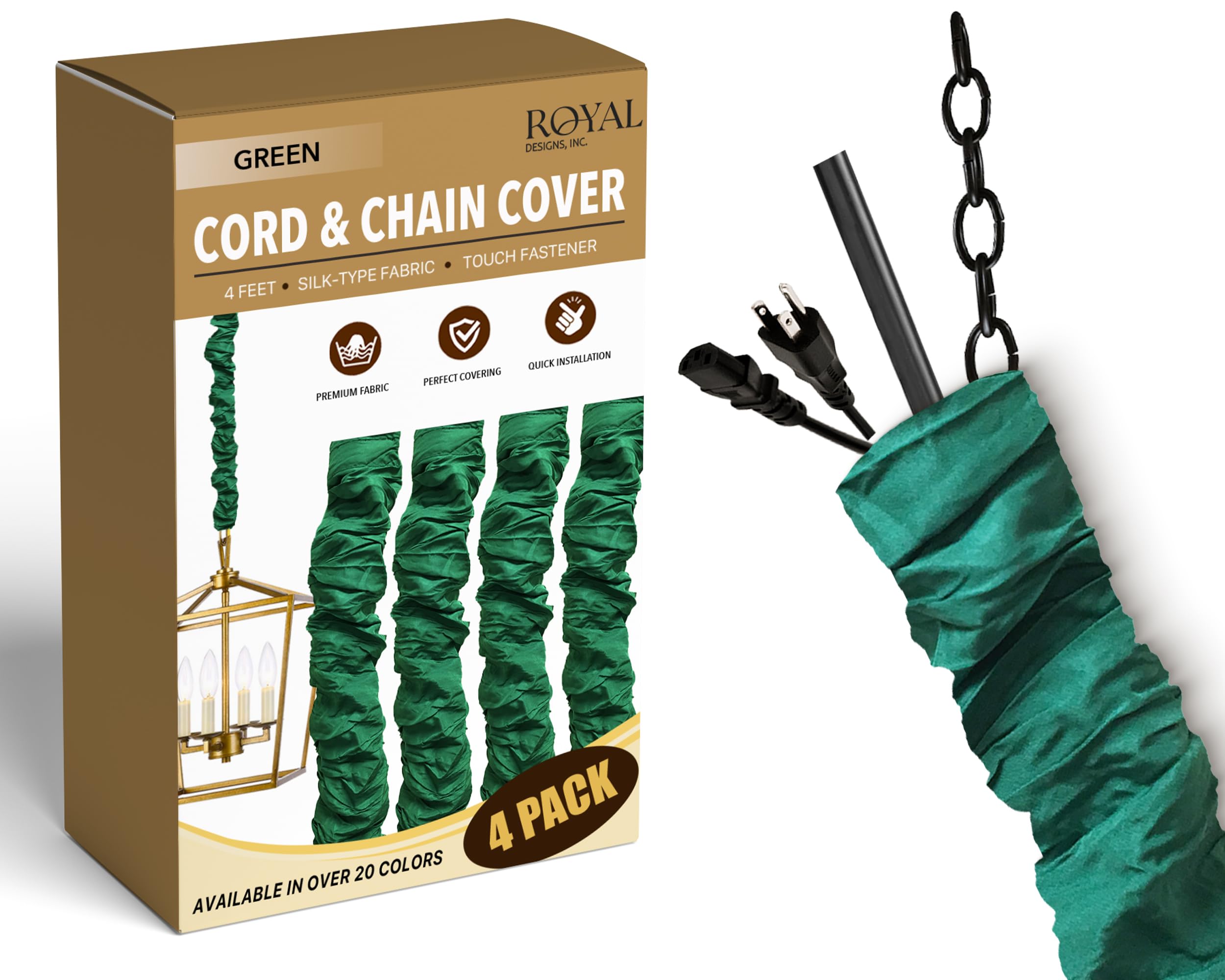 Royal Designs, Inc. Cord & Chain Cover 4 ft Silk Type Fabric, Chandelier Pendant Lighting Chain & Cable Management, Touch Fastener, Green - 4 Pack