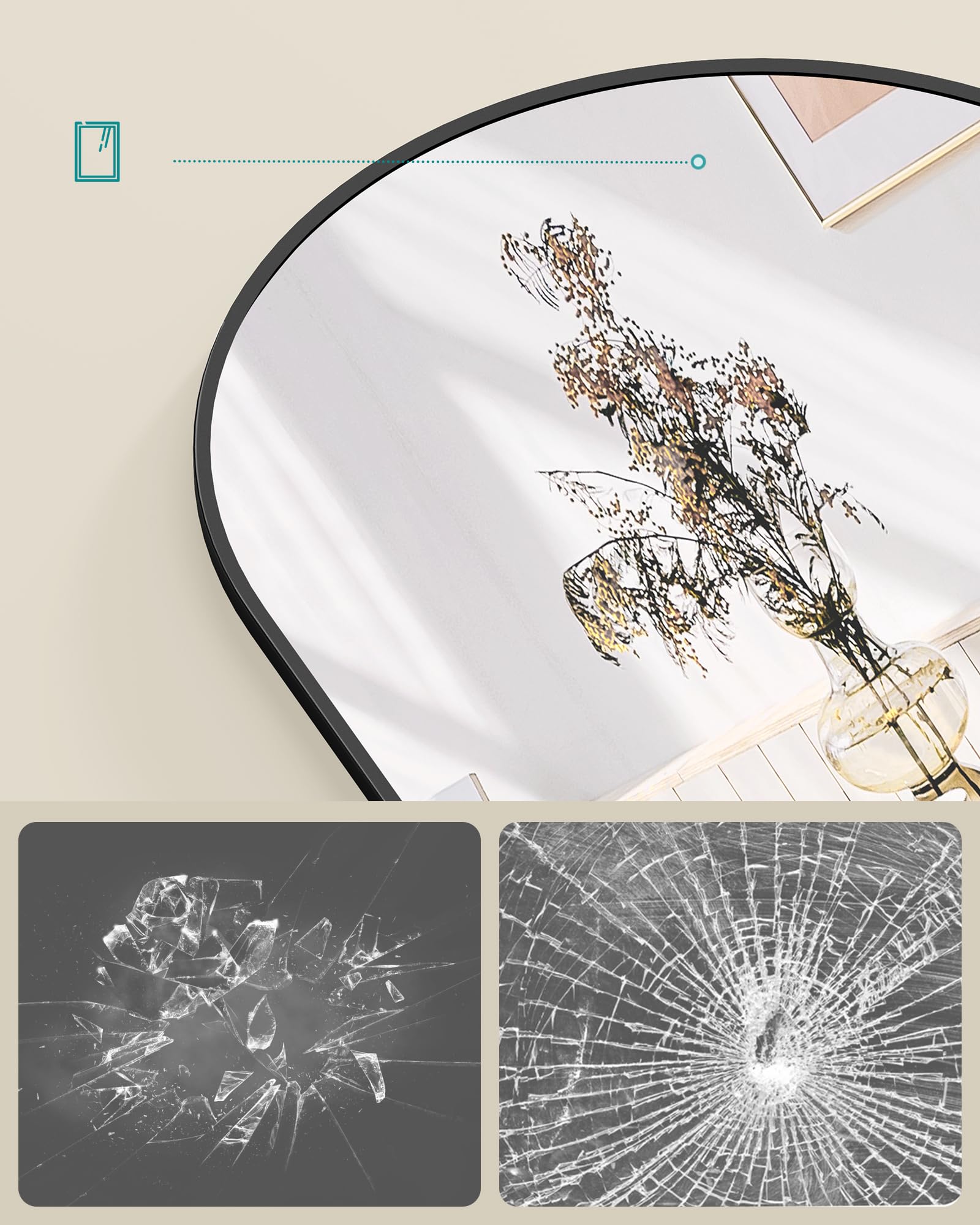 SONGMICS Pełne lustro wiszące, 120 x 40 cm, zakrzywione lustro, rama ze stopu aluminium, szkło hartowane, do sypialni, salonu, garderoby, atrament czarny LFM033B01