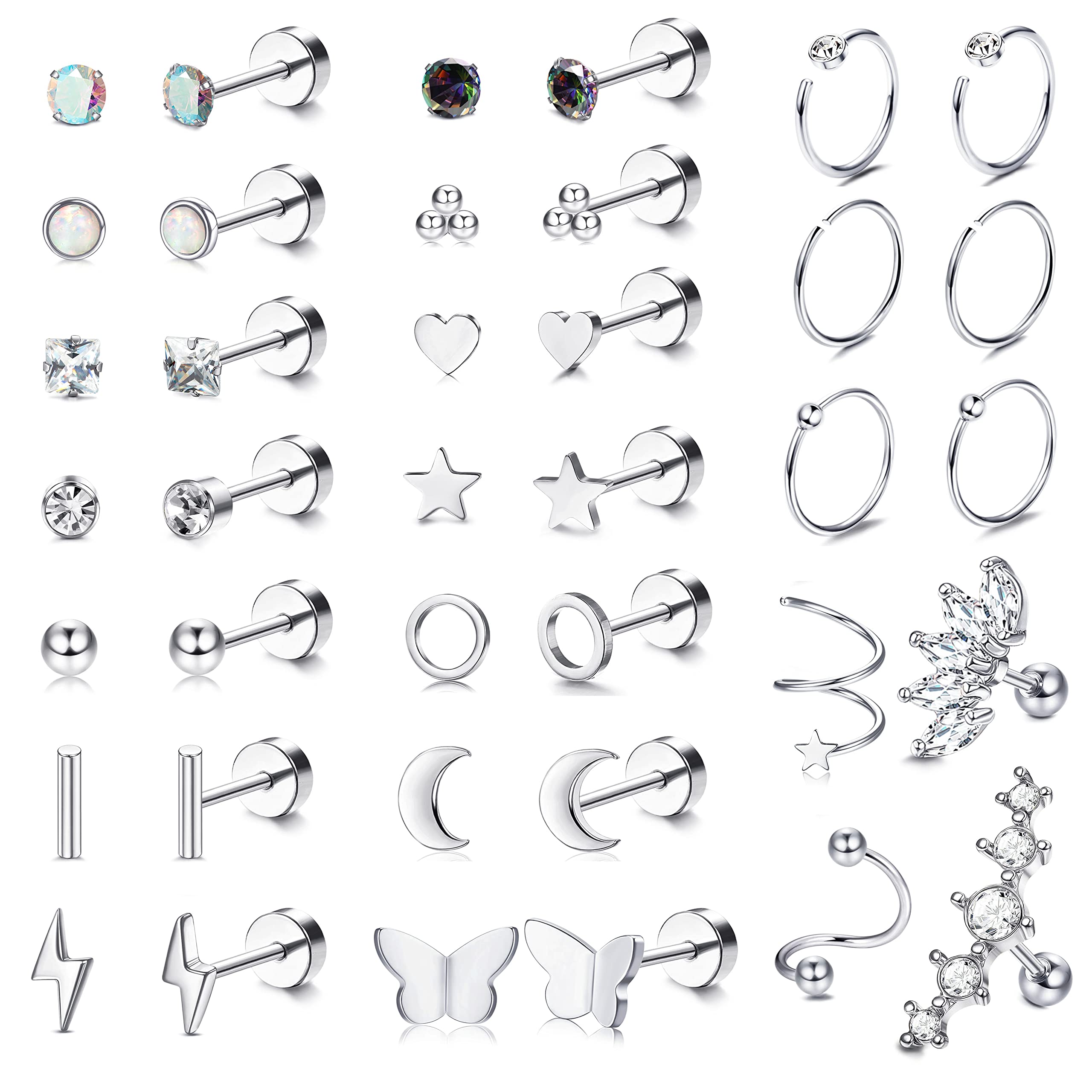 MILACOLATO20G Pendientes Pequeños Para Mujer Hombre Acero Quirúrgico Zirconia Ópalo Luna Corazón Estrella Cartílago Pendientes Aros Plata Oro Septum Helix Daith Tragus Piercing Oreja Joyería 38/40Pcs
