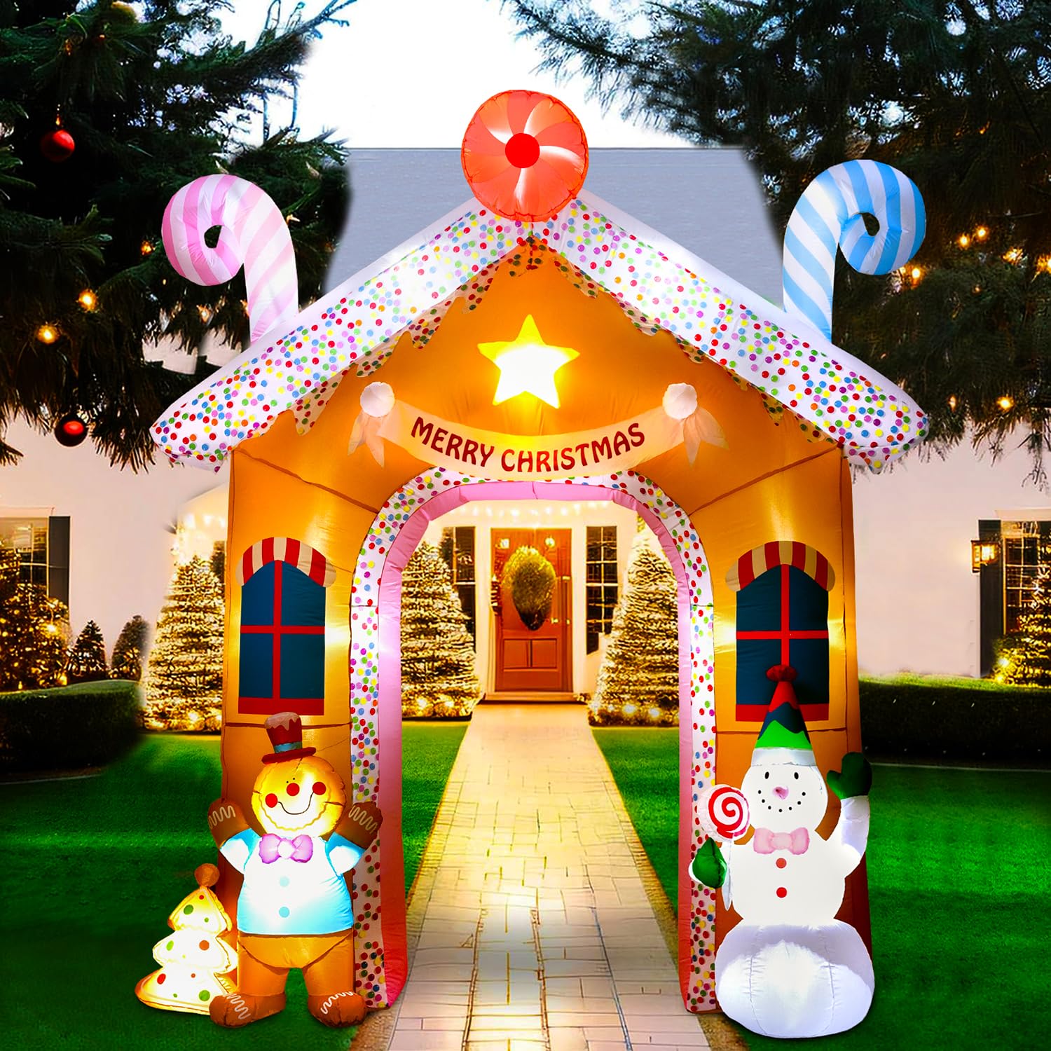 Christmas Inflatables Yard Decorations Outdoor, 10FT Tall Christmas Inflatable Archway with Gingerbread Man and Snowman, Blow Up Holiday Decorations for Xmas Party, Yard Lawn, New Year