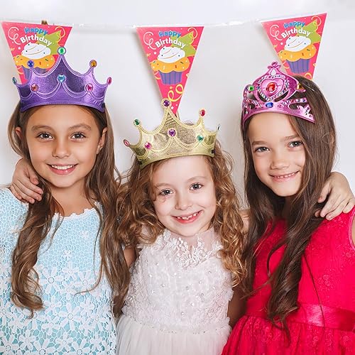 Miniatura 7 de FLMRIOY Juego de 17 coronas de fiesta de princesa, suministros de fiesta para niños, kit de fabricación de tiaras con calcomanías de diamante para