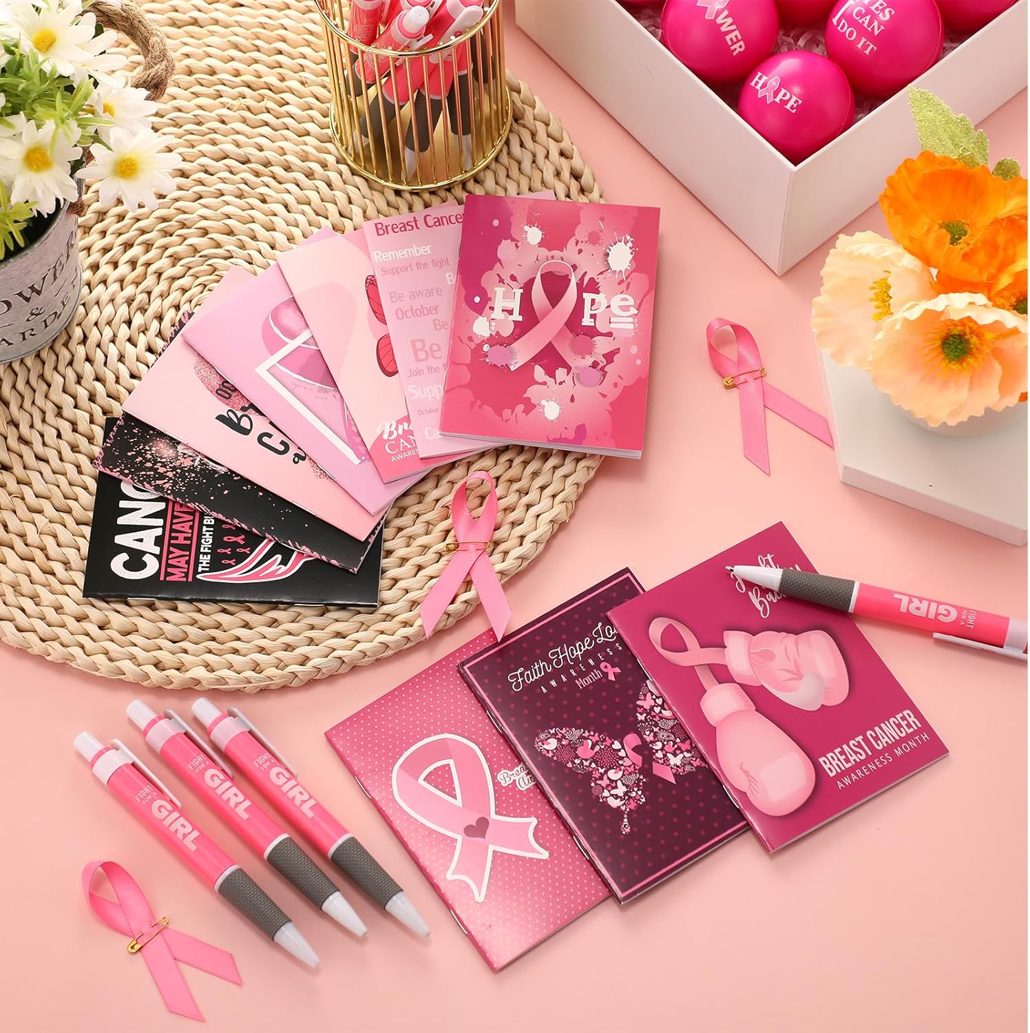 Tenceur 200 Pcs Breast Cancer Notebook Pen Set - Small Pocket Journal Notepads, Pink Ribbon Ballpoint Pen for Women Gift Breast Cancer Awareness Accessories Party Supplies