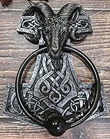 Vista 6 de Ebros Gift Viking Ram Skull Thor Hammer Mjolnir con runas, nudos, figura decorativa para puerta con bola golpeada integrada con acento de mitología
