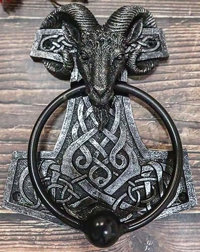 Miniatura 6 de Ebros Gift Viking Ram Skull Thor Hammer Mjolnir con runas, nudos, figura decorativa para puerta con bola golpeada integrada con acento de mitología