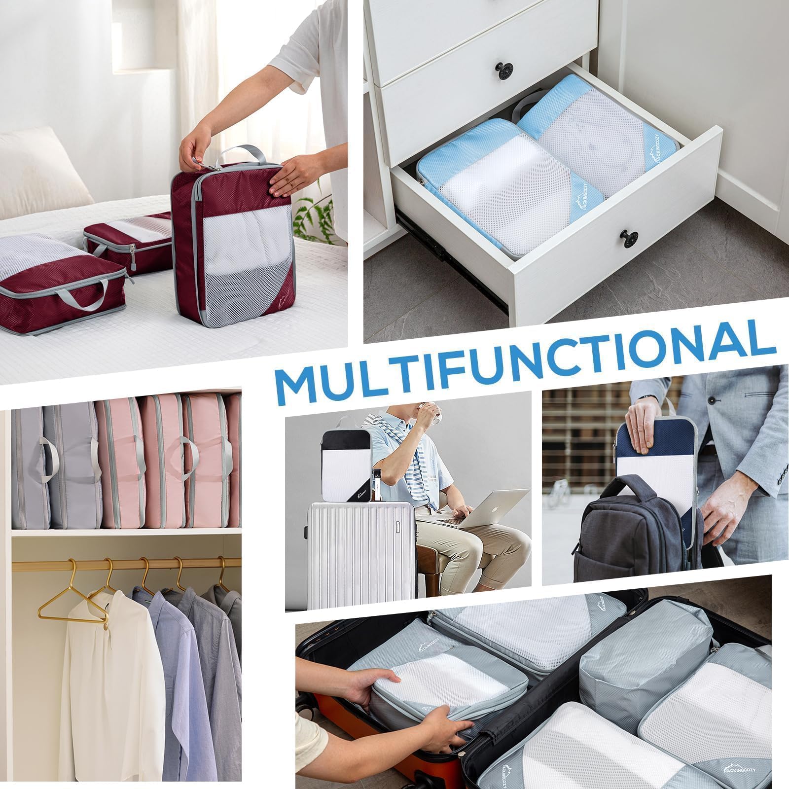 PACKINGCOZY Cubos de embalaje de compresión para viajes, juego de 5 cubos de embalaje esenciales de viaje, cubos de embalaje comprimibles organizadores para maletas de mano
