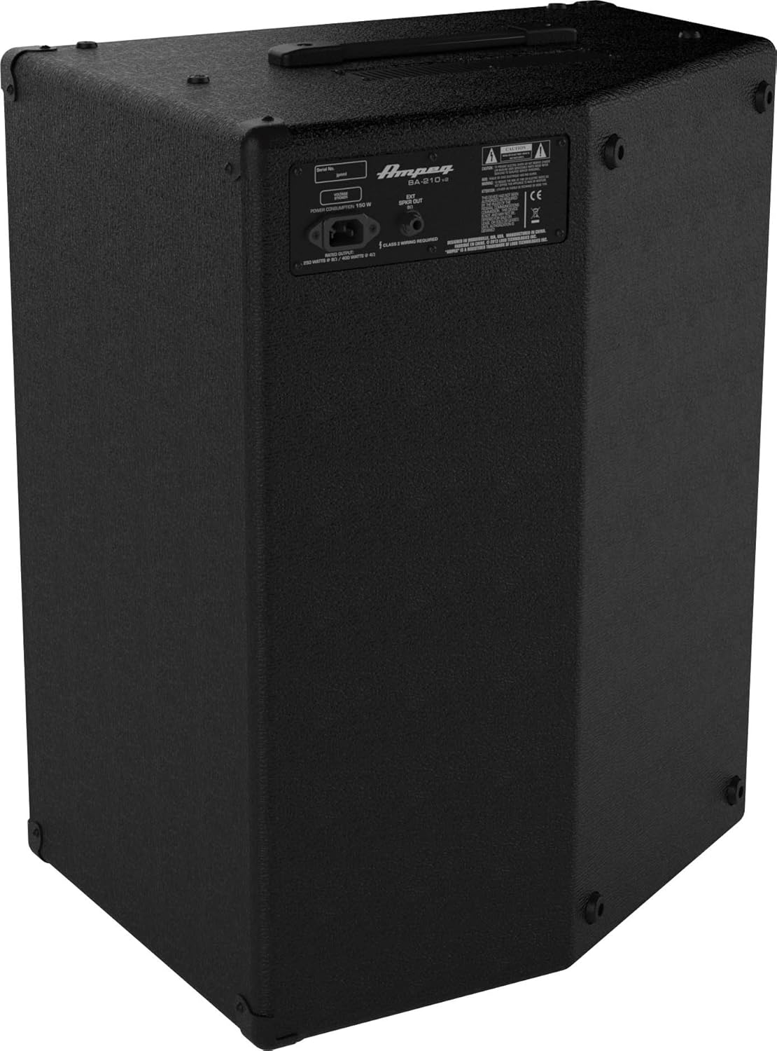 Whakamuri view o nga Ampeg BA-210V2 Bass Combo Amplifier showing power input and external speaker output.