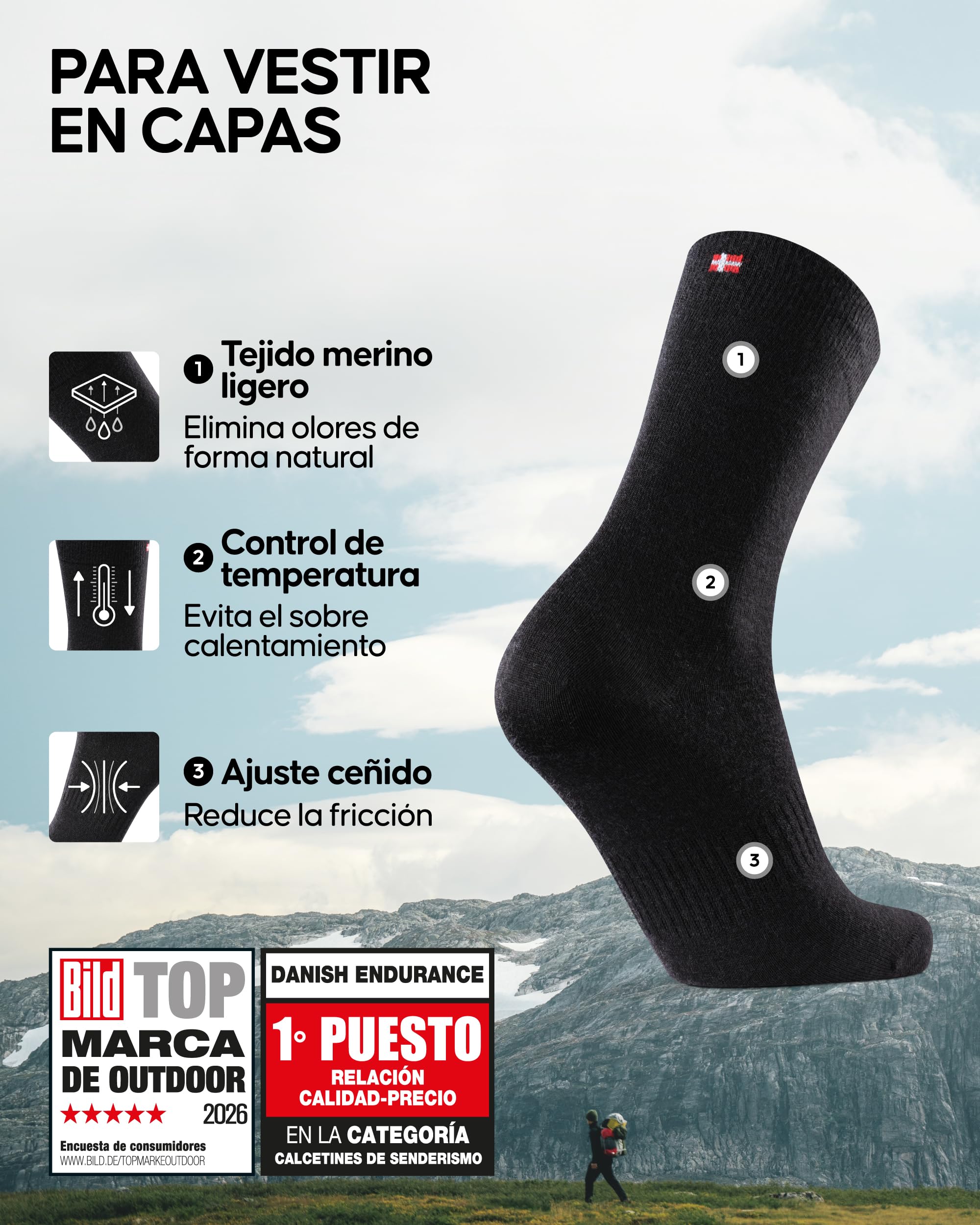 DANISH ENDURANCE Calcetines Ligeros de Senderismo en Lana Merino, Transpirables y Antiampollas, 2 o 4 Pack