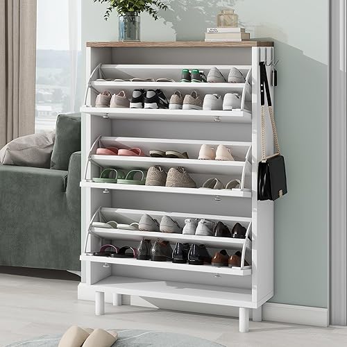 Vista 3 de Zapatero con 3 cajones abatibles para entrada, zapatero independiente con panel ajustable y ganchos para colgar, zapatero para pasillo, sala