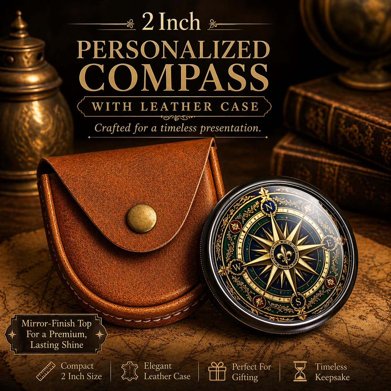 M.A & SONS Personalized Brass Compass with Leather Case, 2 Inch Black Antique Pocket Compass, Custom Engraving Inside Lid, Mirror Gloss Top Dial, Vintage Nautical Gift for Men 3