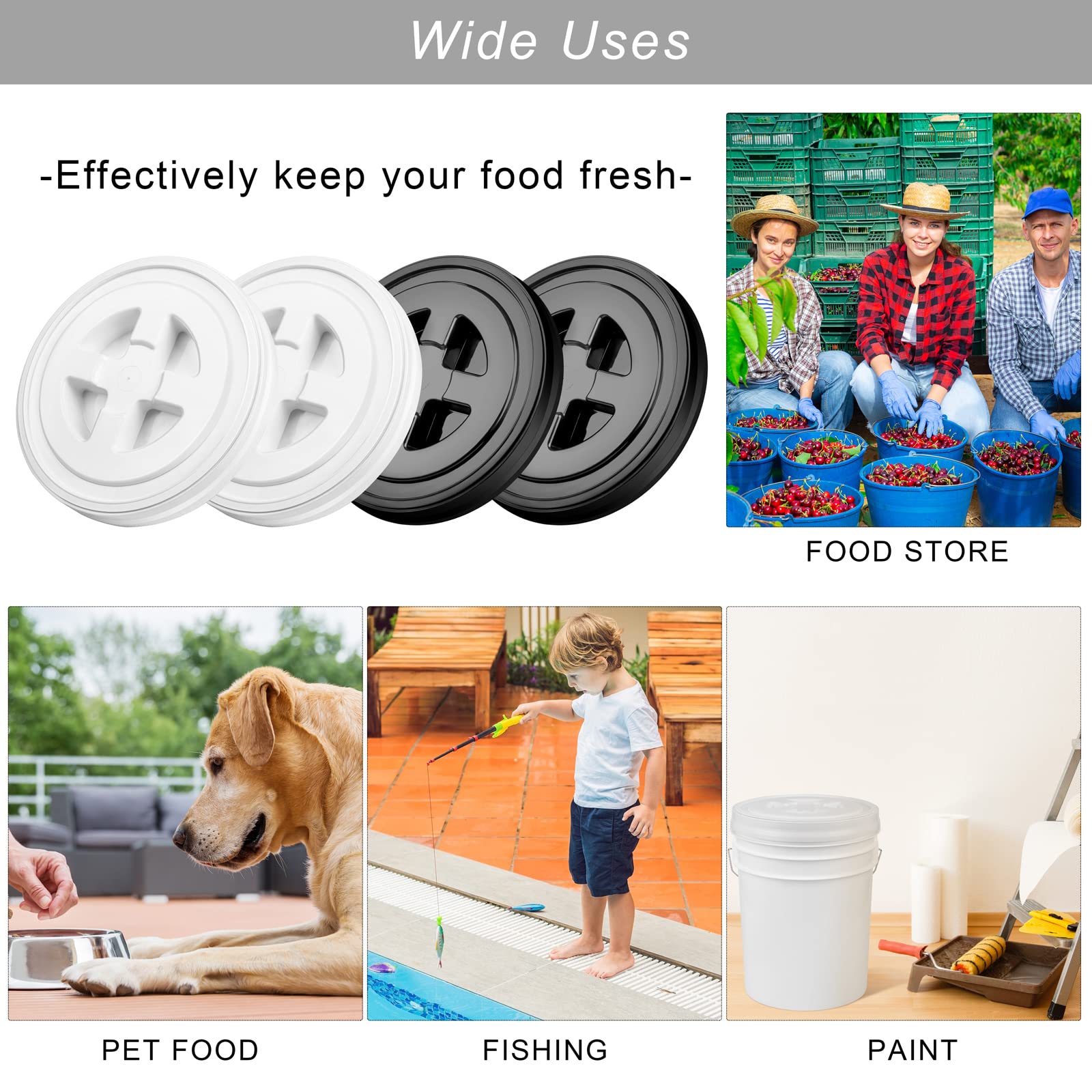 Aodaer 4 coperchi con guarnizione gamma, 5 galloni, coperchio per alimenti, coperchio riutilizzabile in plastica, coperchio per contenitori per alimenti (nero, bianco)