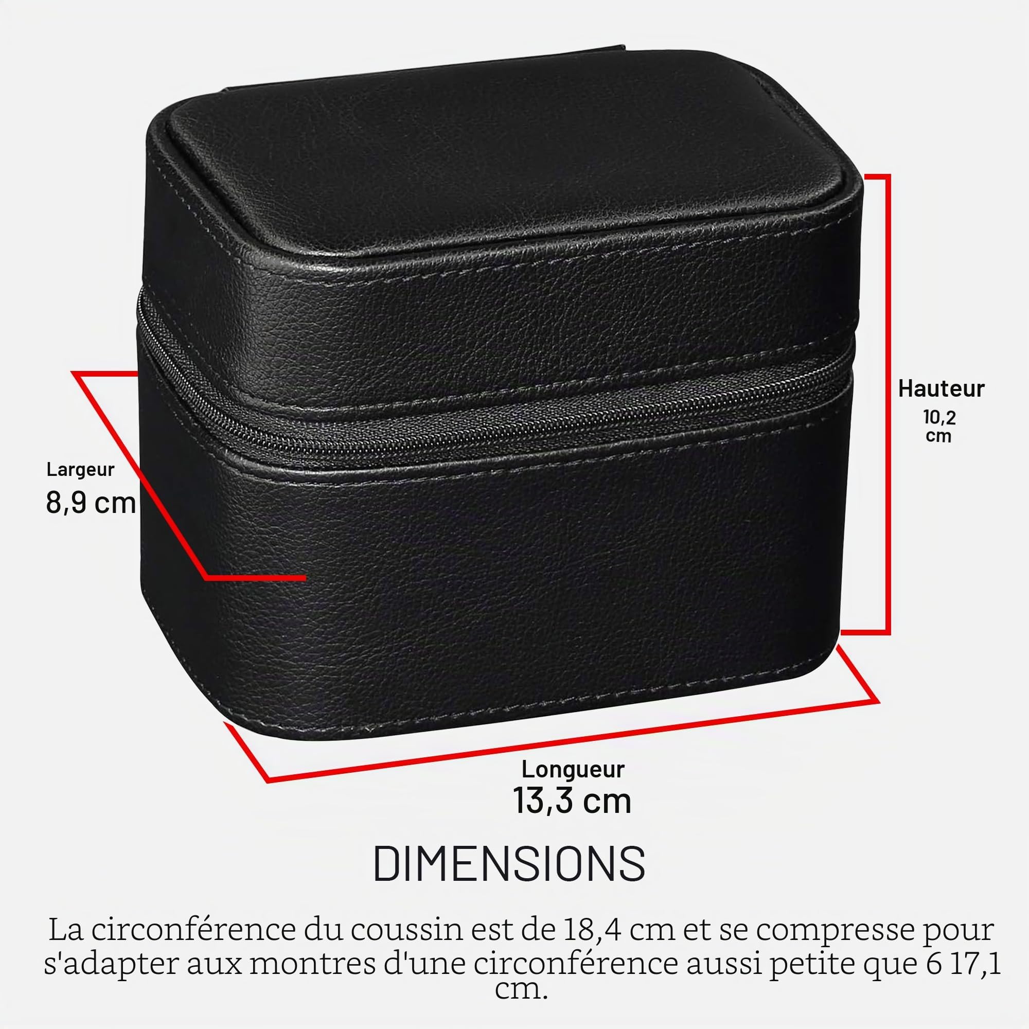 Organisateur de rangement pour étui de voyage pour 2 montres, ecrins pour montres | protection portable robuste avec fermeture à glissière s'adapte à toutes les montres-bracelets (noir/rouge)