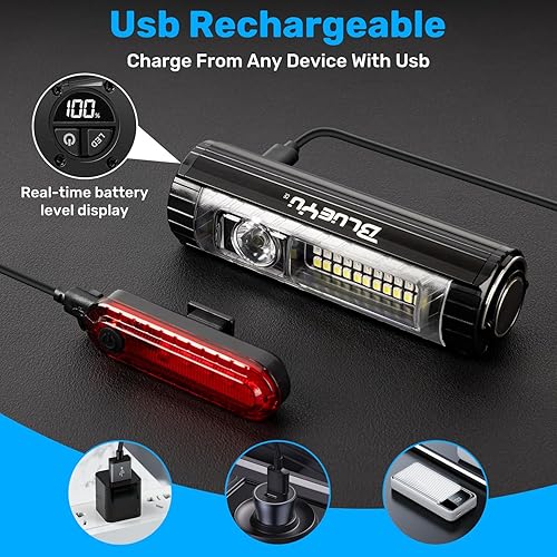 Miniatura 4 de Luz de bicicleta súper brillante para montar por la noche, juego de faros delanteros y traseros recargables por USB con haz alto y bajo, faro LED