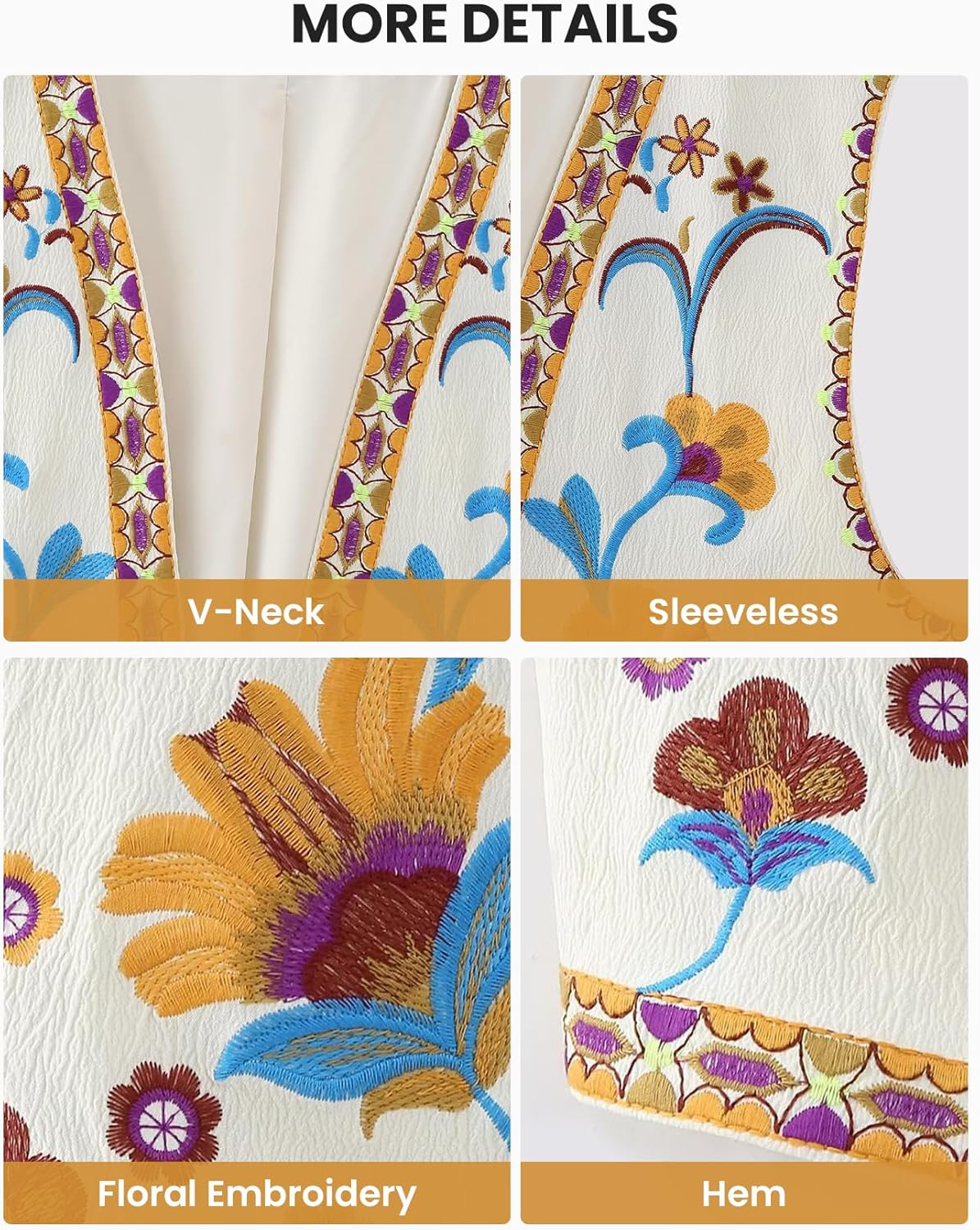 Wyeysyt Women Floral Embroidered Vest Vintage Sleeveless Boho Y2k Cardigan Open Front Cropped Waistcoat - Image 3