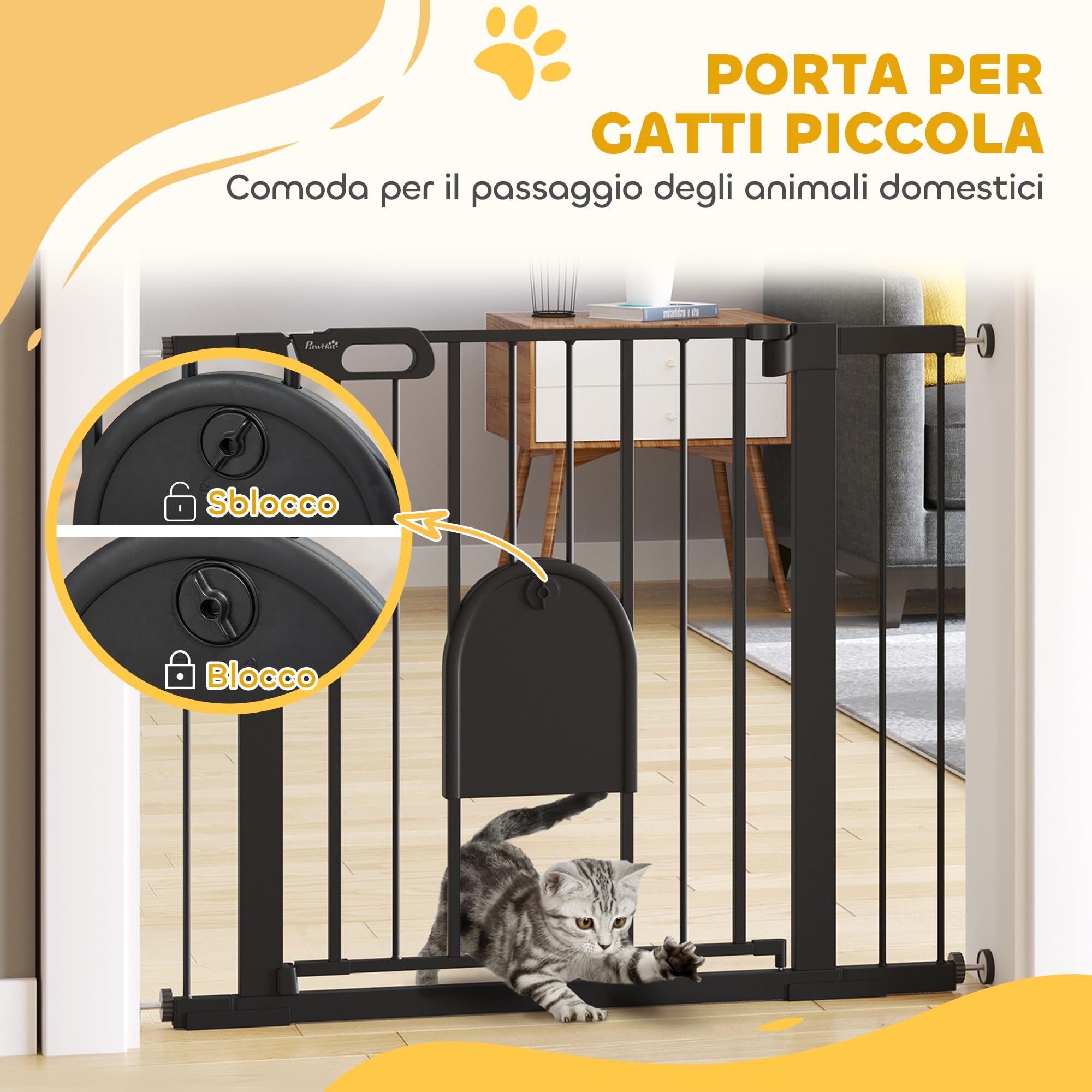 PawHut Cancellino per Cani Regolabile con Porta Piccola e Montaggio a Pressione, Barriera per Cani con Chiusura Automatica, 75-103x76 cm, Nero