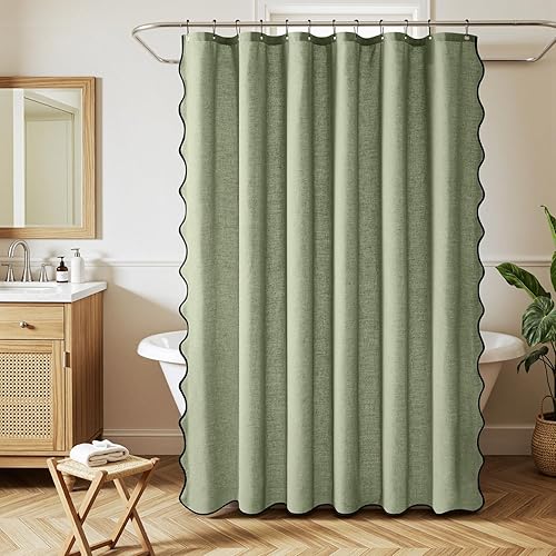 Miniatura 2 de MIULEE Cortina de ducha de lino festoneada con 12 ganchos de metal, estilo bohemio, resistente, lavable, impermeable, de tela gruesa, con borde