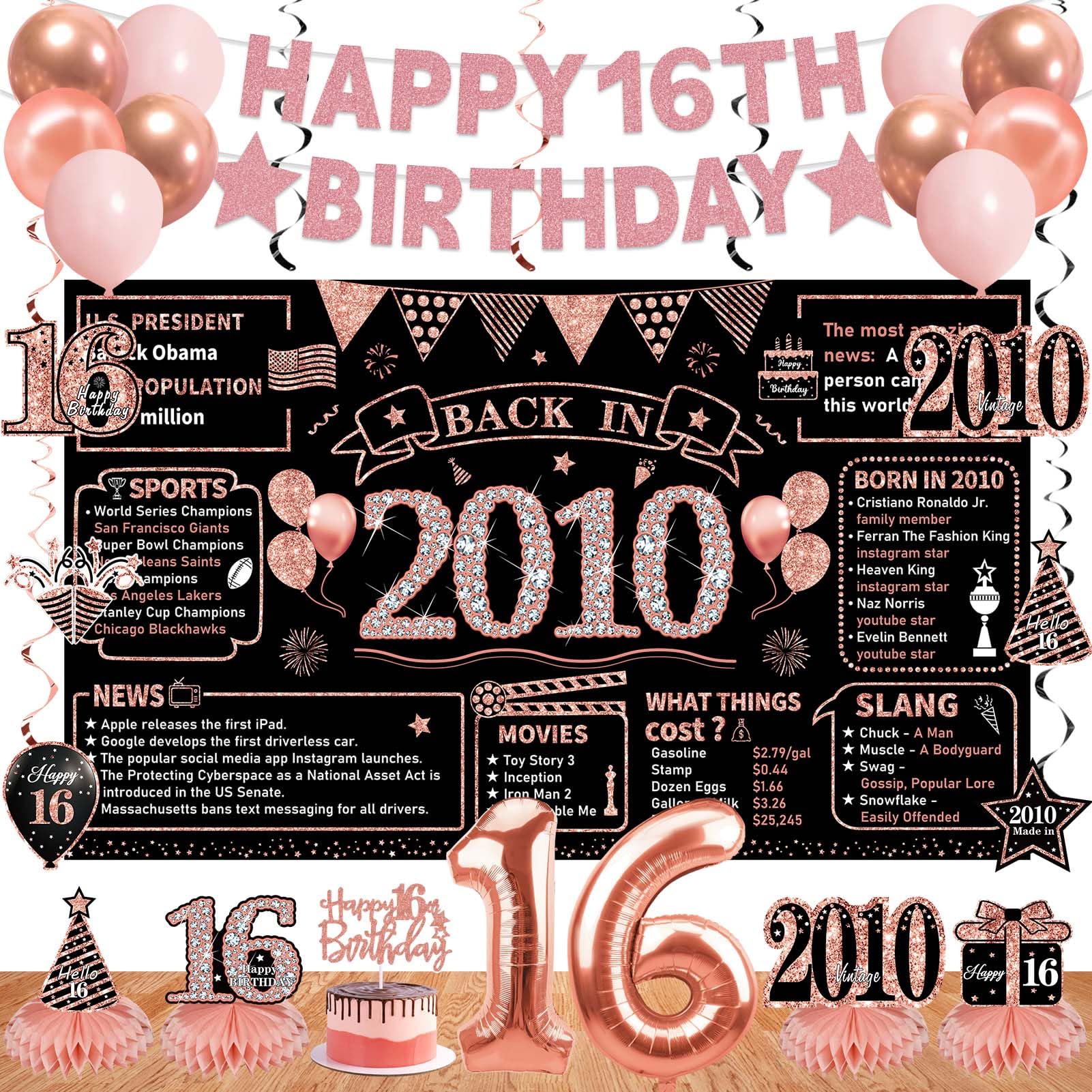 Zirtorei 16th Birthday Decorations for Girls, 24pcs the Year 2010 Banner Happy 16th Balloons Party Supplies, Rose Gold 16 Year Old Birthday Cake