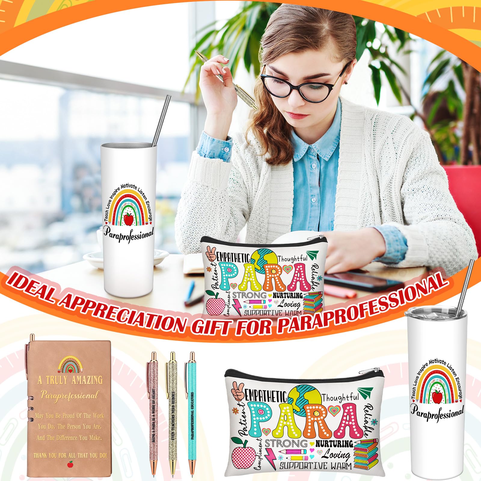 Patelai 6 Pcs Nurse Paraprofessional Gifts Teacher Thank You Gifts for Women 20oz Stainless Steel Tumbler Makeup Cosmetic Bag Pen Notebooks Gift for Nurse CNA Teacher Assistant