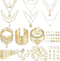 MEDOJO 93 Pcs Golden Plated Jewelry Set for Women - Necklaces, Stackable Bracelets, Rings, Hoop & Stud Earrings | Christmas Gift Pack