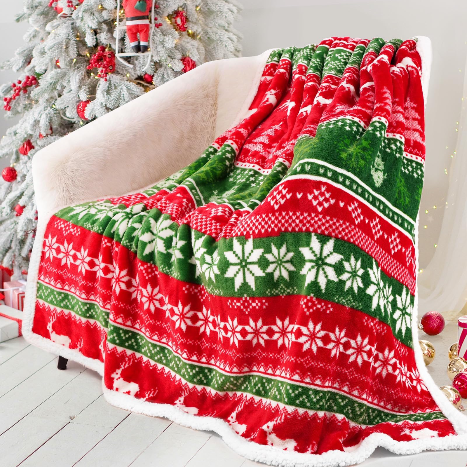 Red Sherpa Christmas Throw Blanket, Fuzzy Fluffy Soft Cozy Blanket, Fleece Flannel Plush Microfiber Blanket for Couch Bed Sofa (50" X 60", Red and Green Reindeer)
