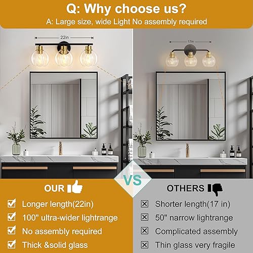 Miniatura 2 de Lámpara de tocador de baño de 3 luces negras y doradas con pantallas de vidrio, aplique de pared industrial