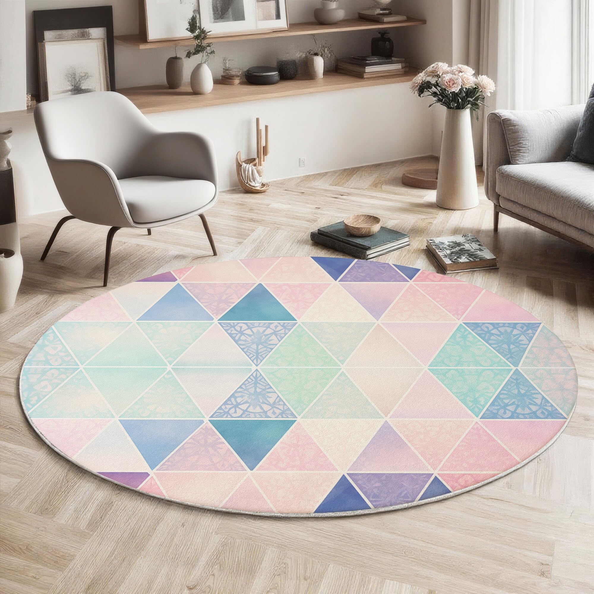 Tapis de zone ronde rose 180cm à motif mandala géométrique lavable