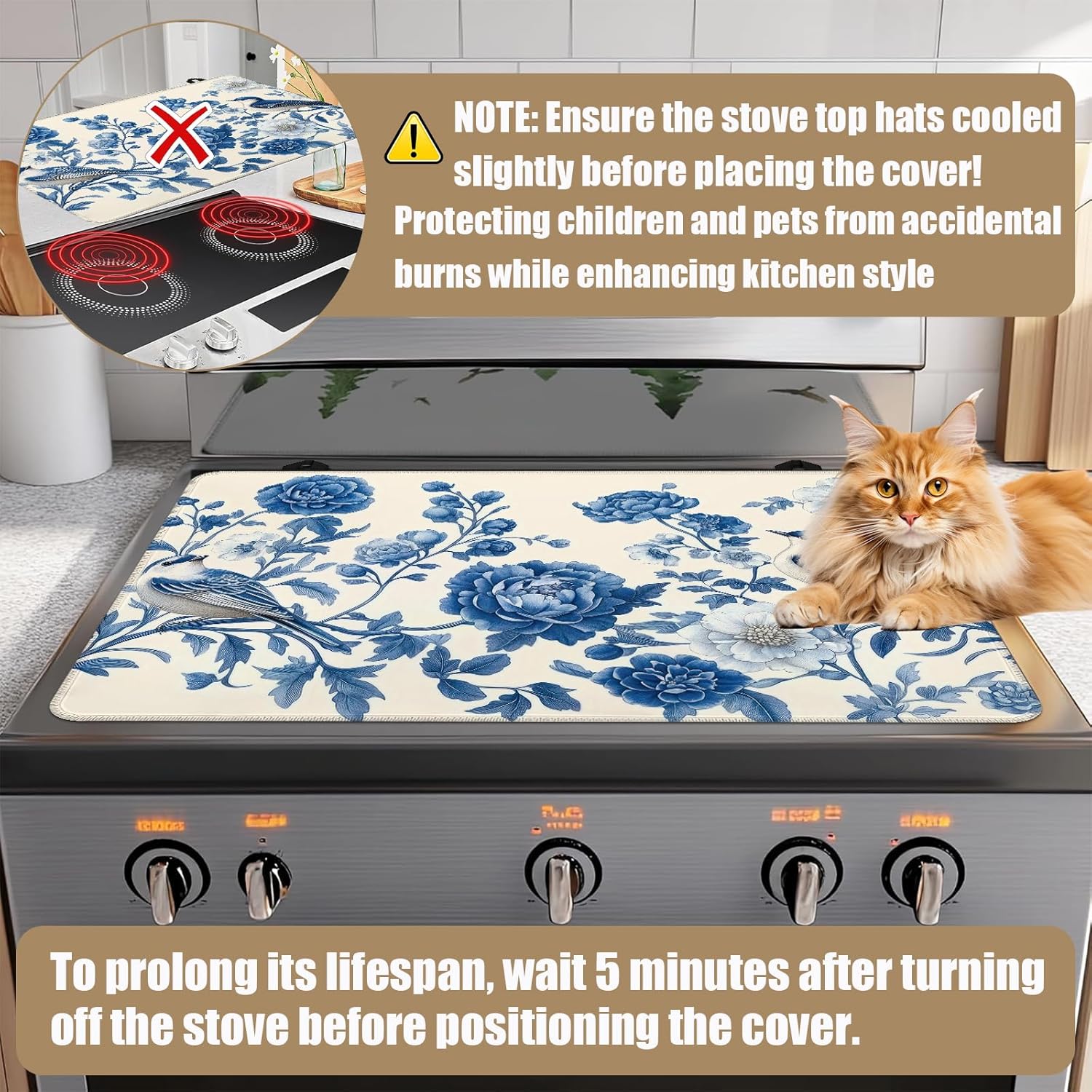 Blooming Blue Flower Stove Top Covers for Electric Stove, Birds Electric Gas Stove Pad Heat Resistant Range Cooktop Protector for Home Decor Kitchen 28"x20"