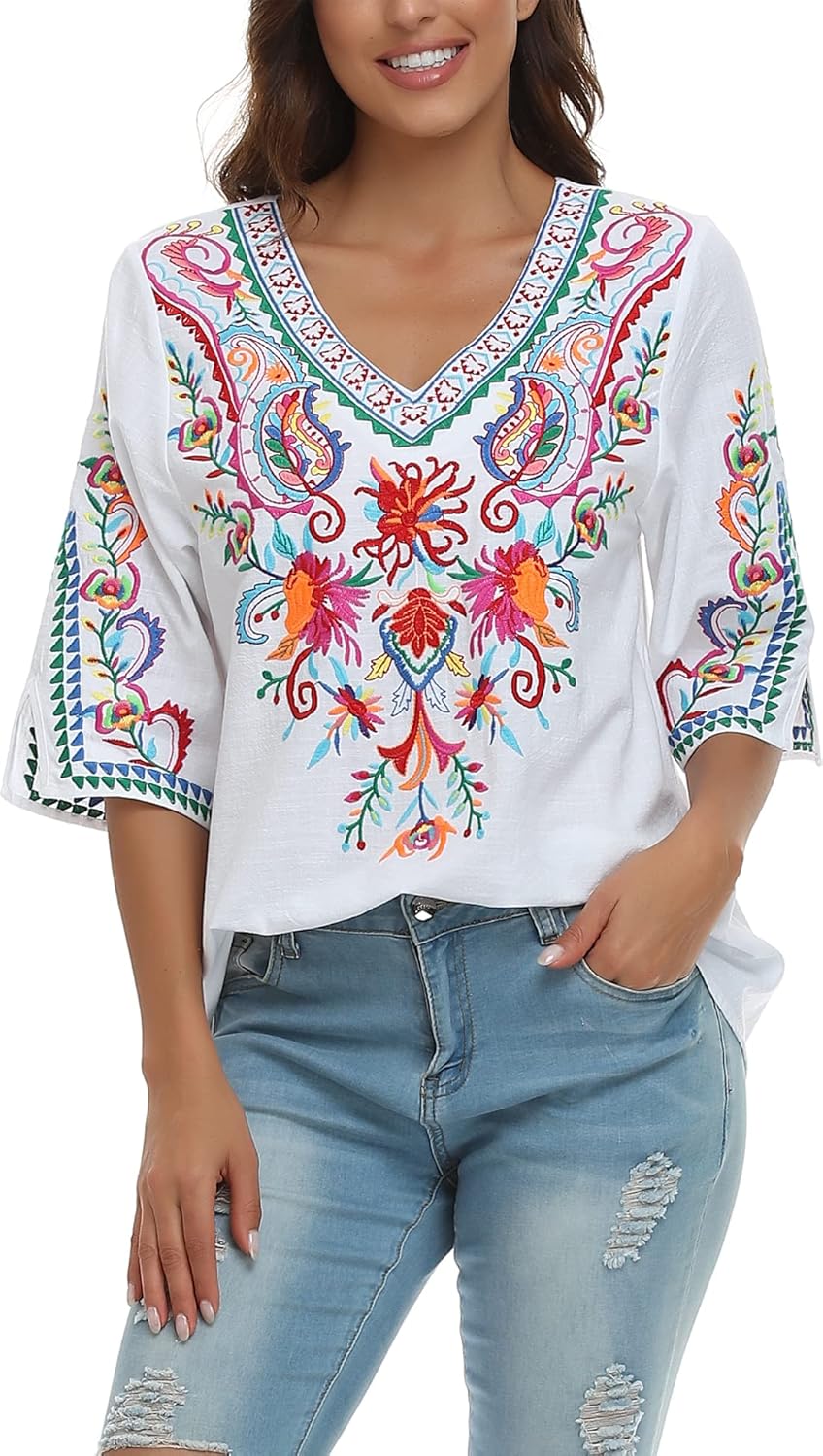 YZXDORWJ Women's Summer Embroidered Mexican Shirts Short Sleeve Casual Tops Blouse