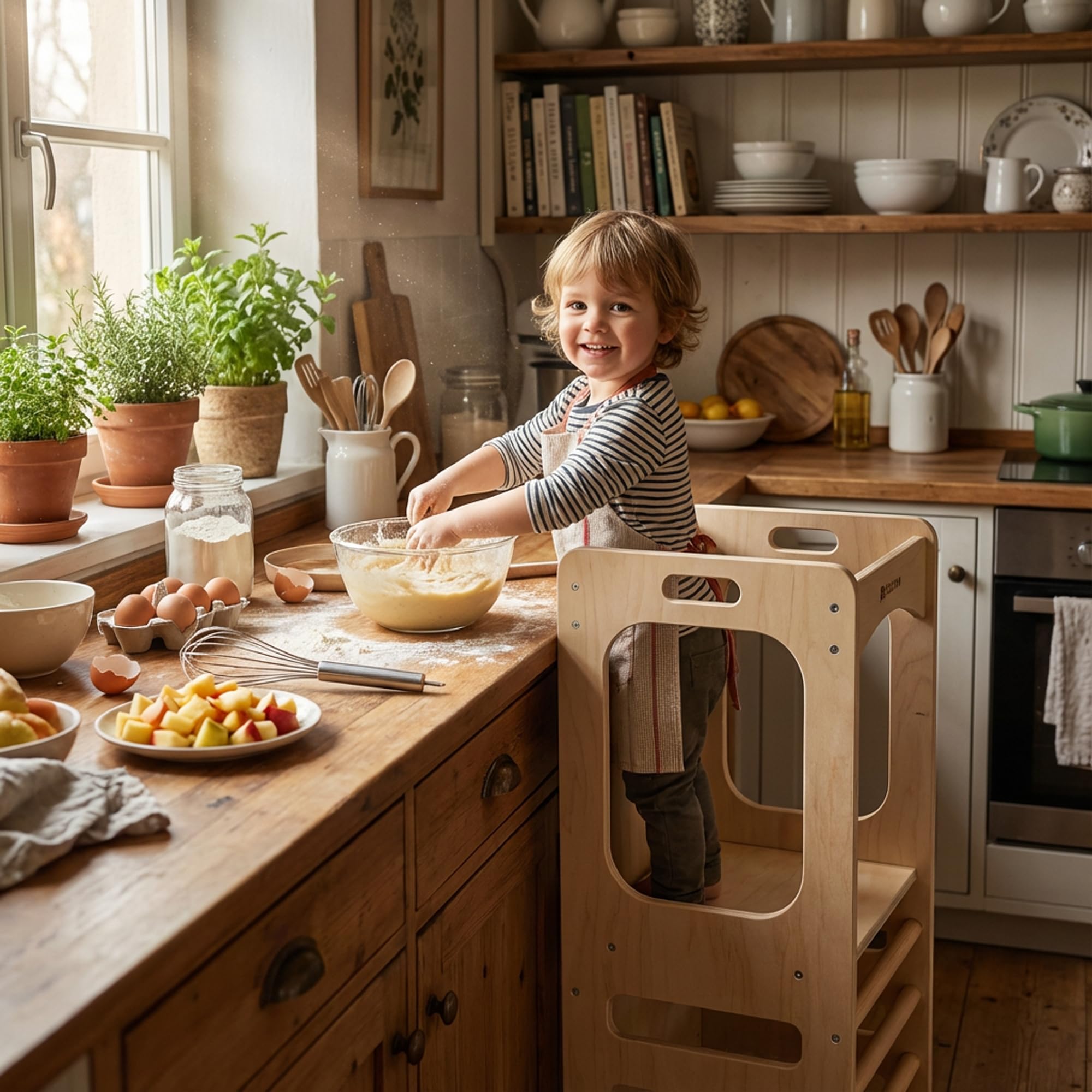 Deryan Tour d Observation Enfant Montessori - Stable & Sécurisée, Hauteur réglable sur 3 Niveaux - Tour d'apprentissage - Fabriqué en Europe - 90 cm - Learning Tower/Toddler Tower - Naturel