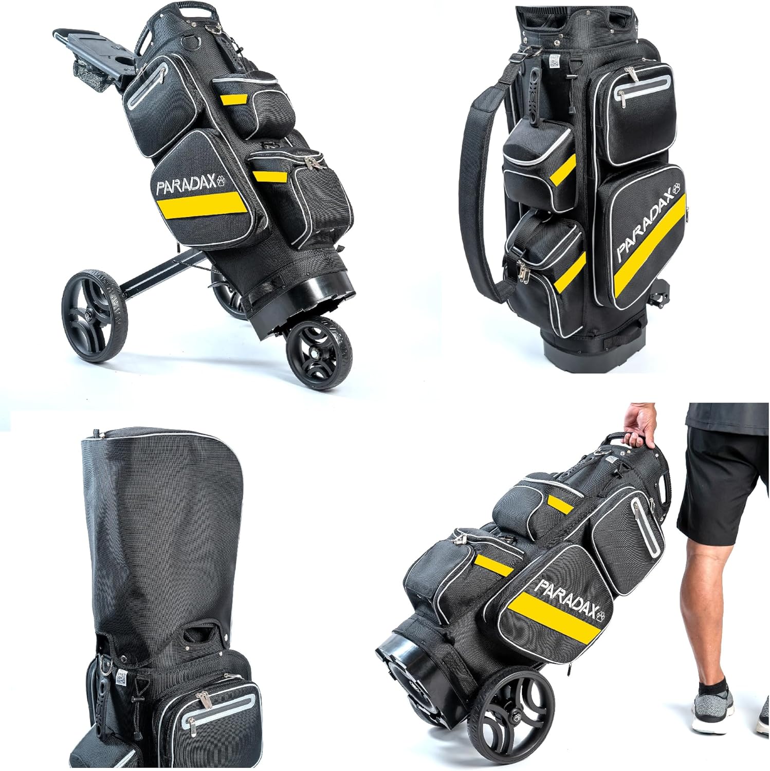 Paradax AI-1 All-in-One Golf Bag with Built-in 3-Wheel Push Cart Bundle | Includes Hood Cover and Bag Strap