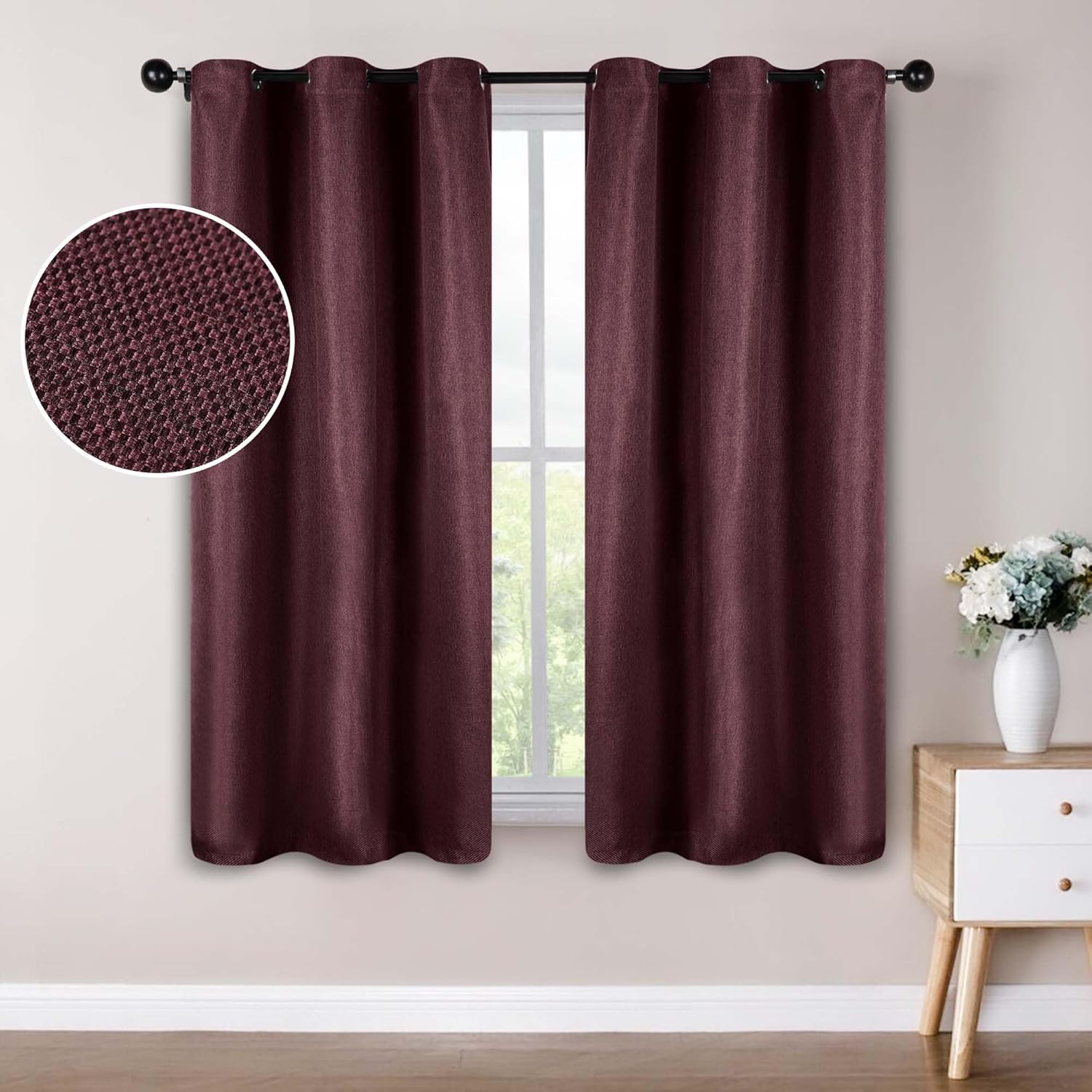 Superior Blackout Curtains, Insulated, Sun Blocking Curtain for Bedroom, Solid, Textured, Living Room Window, Thermal Woven, Jaxon Collection, Set of 2 Panels, Rod Pocket, 26" x 63", Mulberry
