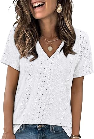 SAMPEEL Womens Eyelet Crossed V Neck Short Sleeve T-Shirt