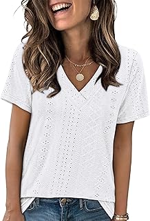 Womens Summer Tops Trendy 2025 Eyelet Crossed V Neck T Shirts Loose Casual Short Sleeve Tshirts Shirts Fashion