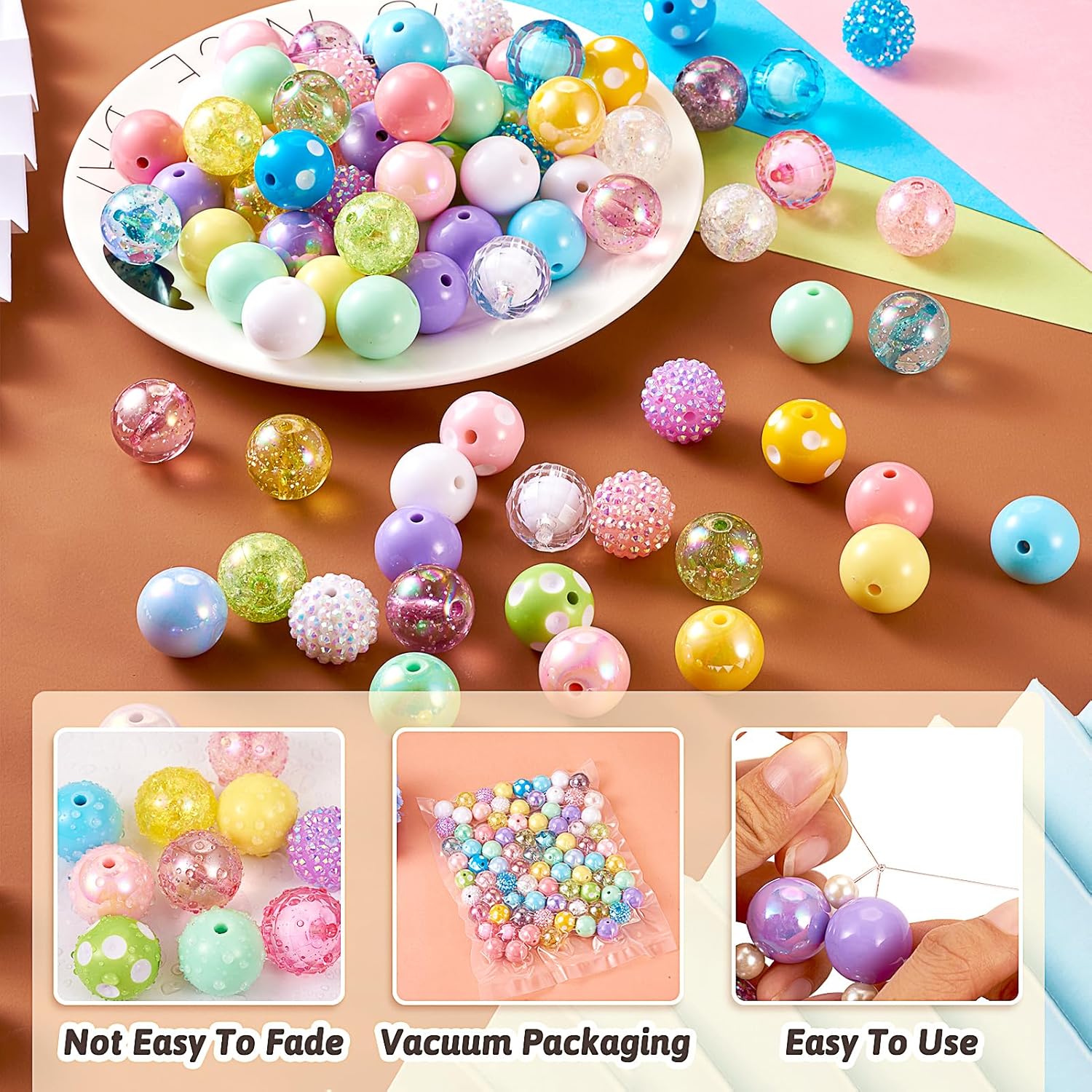 Beadthoven 82pcs 20mm Chunky Focal Rhinestone Beads - Pastel Candy Color Mix Plastic Beads for DIY Lanyard Keychain Making Jewelry Supplies