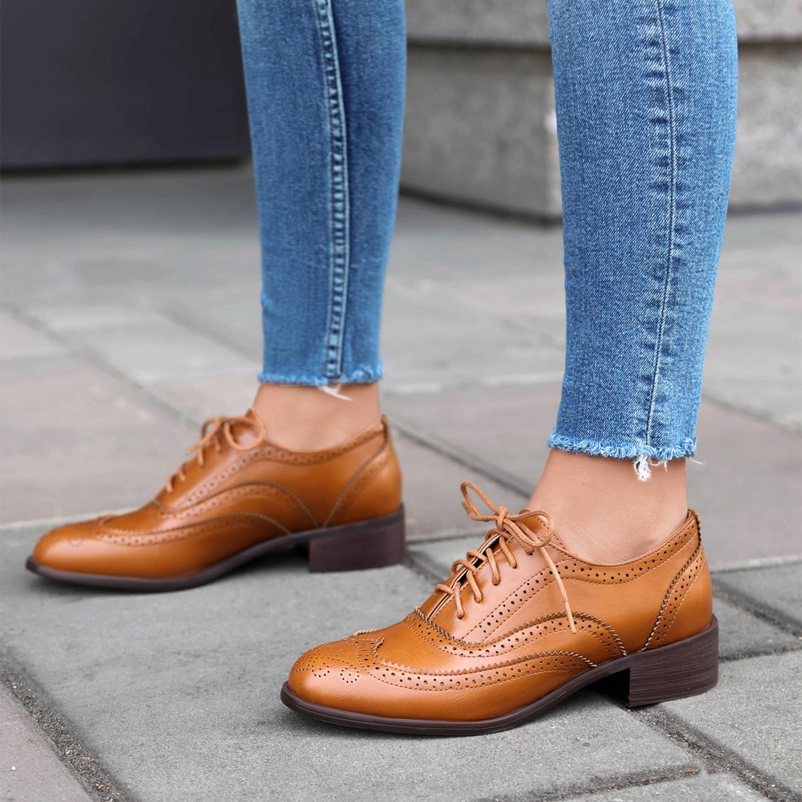 ANUFER Mujeres Tacón de Bloque Wingtip Brogues Caña Baja Oxfords Zapatos de Salón