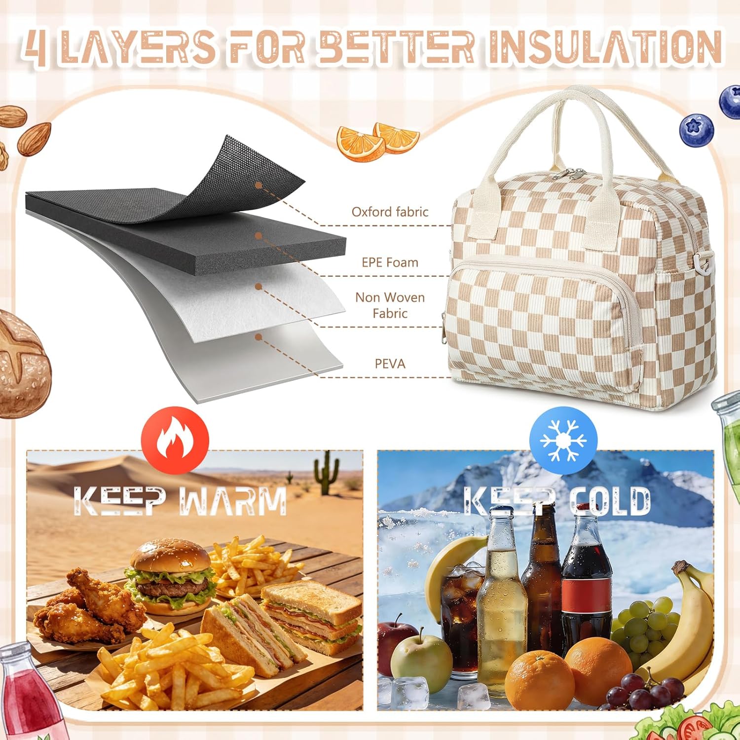 Lunch Bag for Women Insulated Lunch Box with 2 Pcs Long-lasting Ice Packs Cute Corduroy Lunchbox Reusable Large Cooler Tote Bags for Work Picnic Camping Office(Beige Brown Plaid)