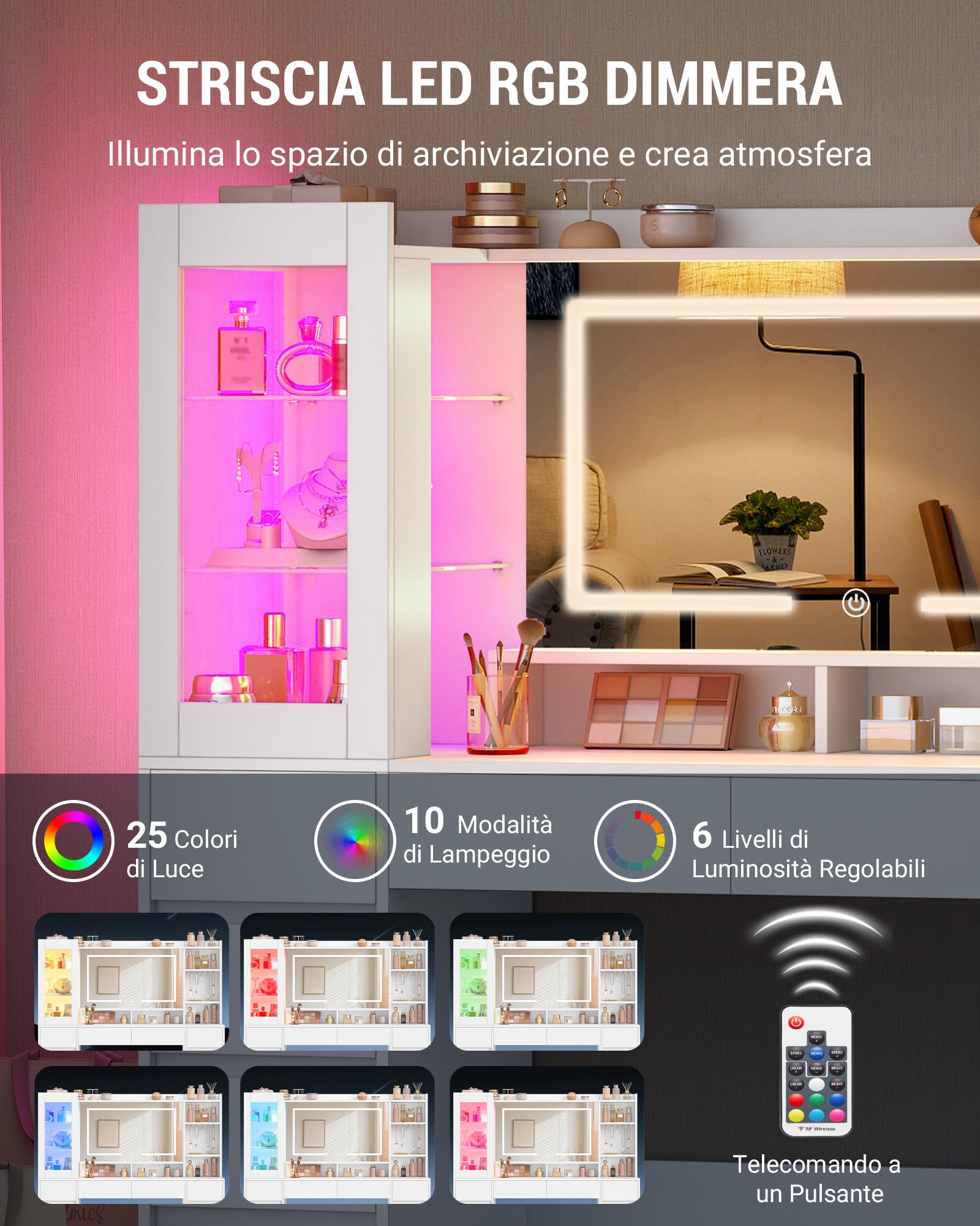 Hzuaneri 140 cm Toeletta Trucco, Postazione Trucco con Grande Specchio HD, Striscia Luminosa RGB, 10 Cassetti, 9 Scaffale Portaoggetti, per Camera da Letto, Ufficio, Bianco 1150003XEU