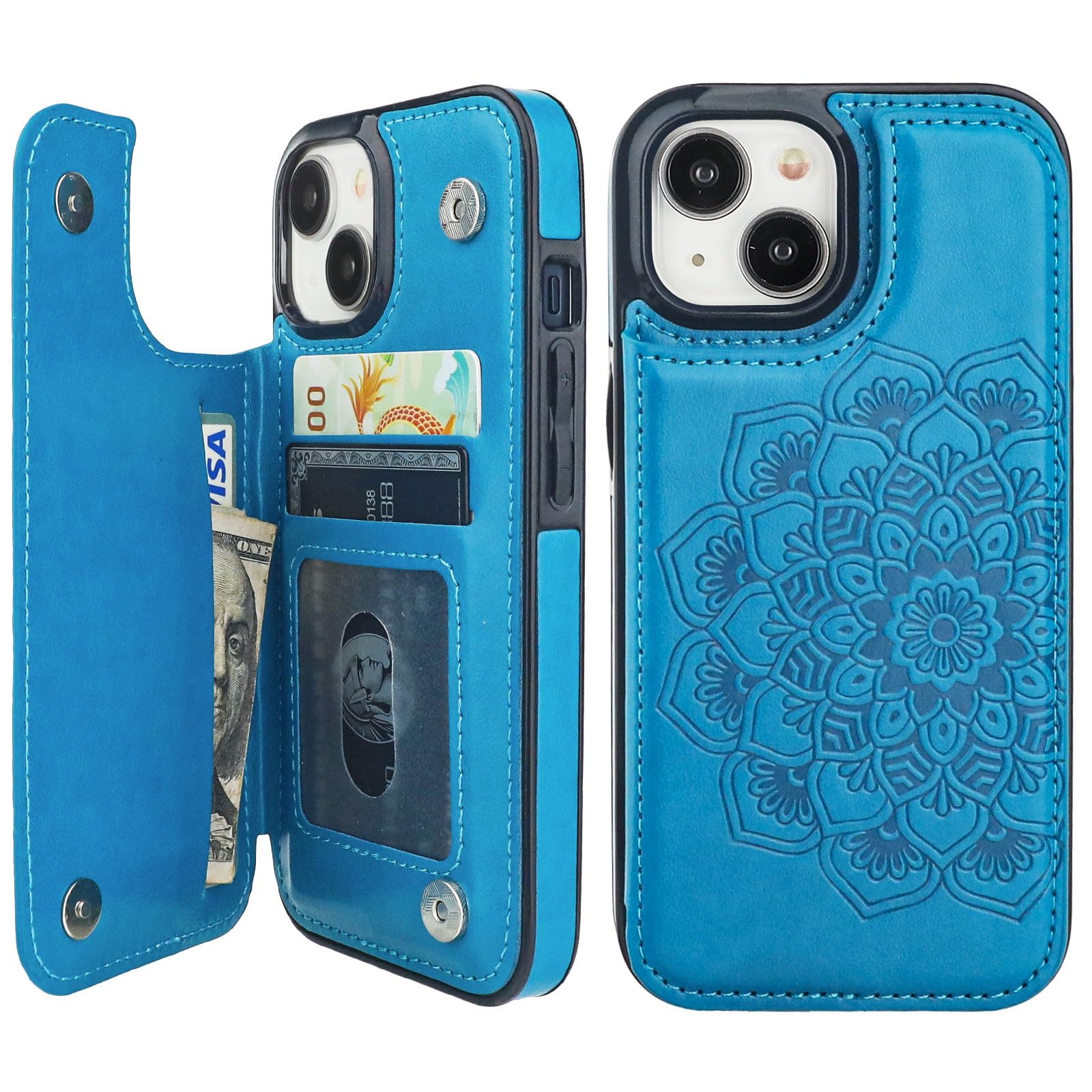 Vaburs Compatible with 15 Case Wallet with Card Holder, Embossed Mandala Pattern Flower PU Leather Double Buttons Flip Shockproof Cover for Magnetic
